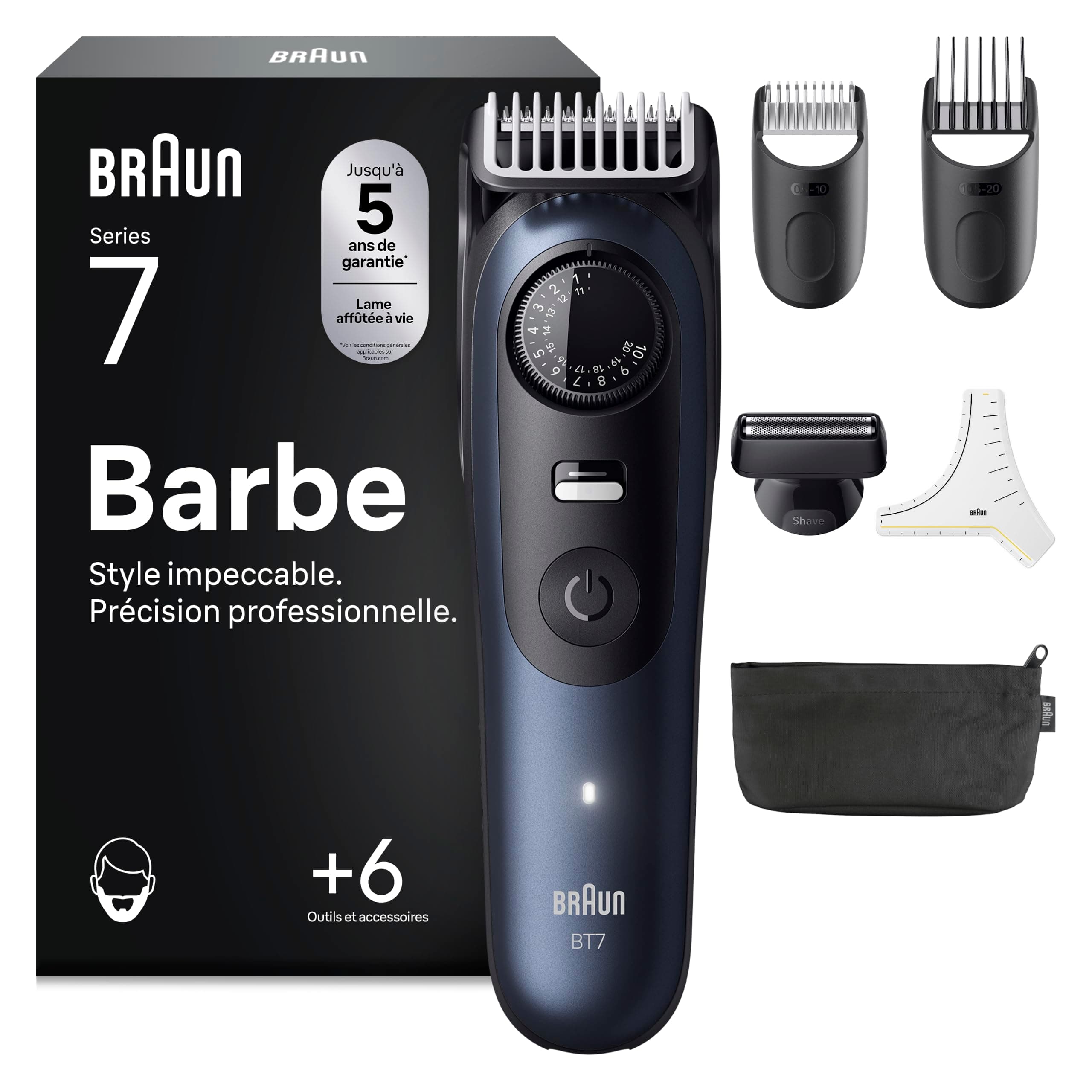 Braun Tondeuse Barbe Homme Series 7 BT7520, Bleue – Etanche, Batterie Rechargeable, Lame ProBlade, 40 Réglages de Longueur, Coffret avec +6 Outils de Barbier, Pochette