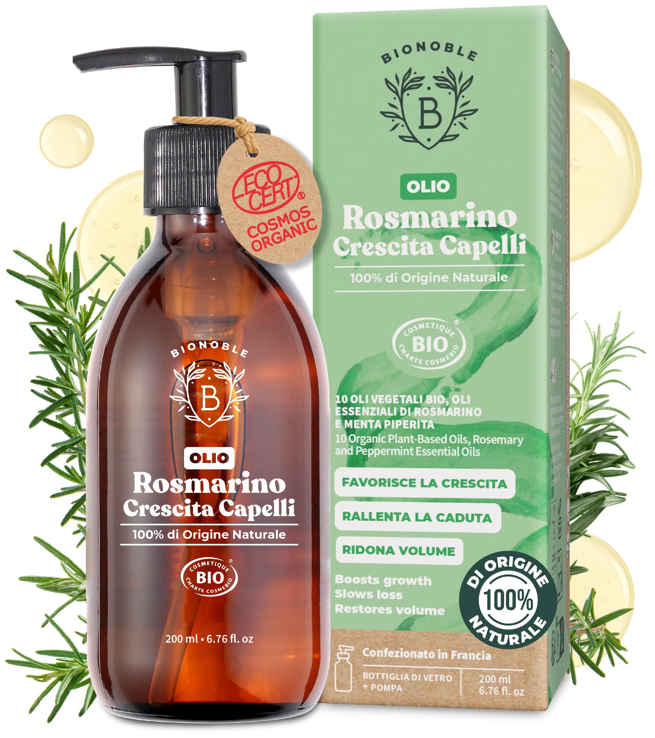 BIONOBLE Olio di Rosmarino per Capelli Bio - Stimola la Crescita - 200ml | 100% Naturale e Puro - Olio Rosmarino Capelli Crescita - Rosemary Oil for Hair Growth - Bottiglia di Vetro, Pompa