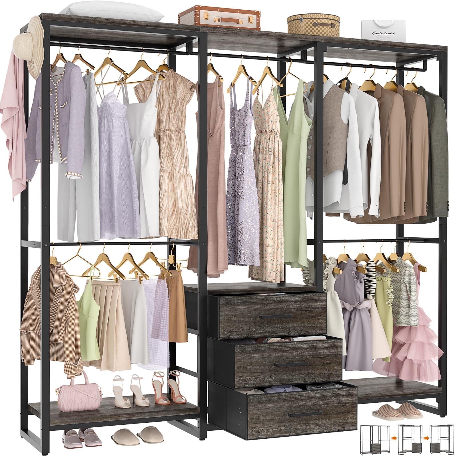 iSunirm Perchero cajones, Perchero, Armario Abierto, Resistente, con Barras para Colgar Ropa, para Dormitorio, 165 x 39 x 190 cm, Roble Gris