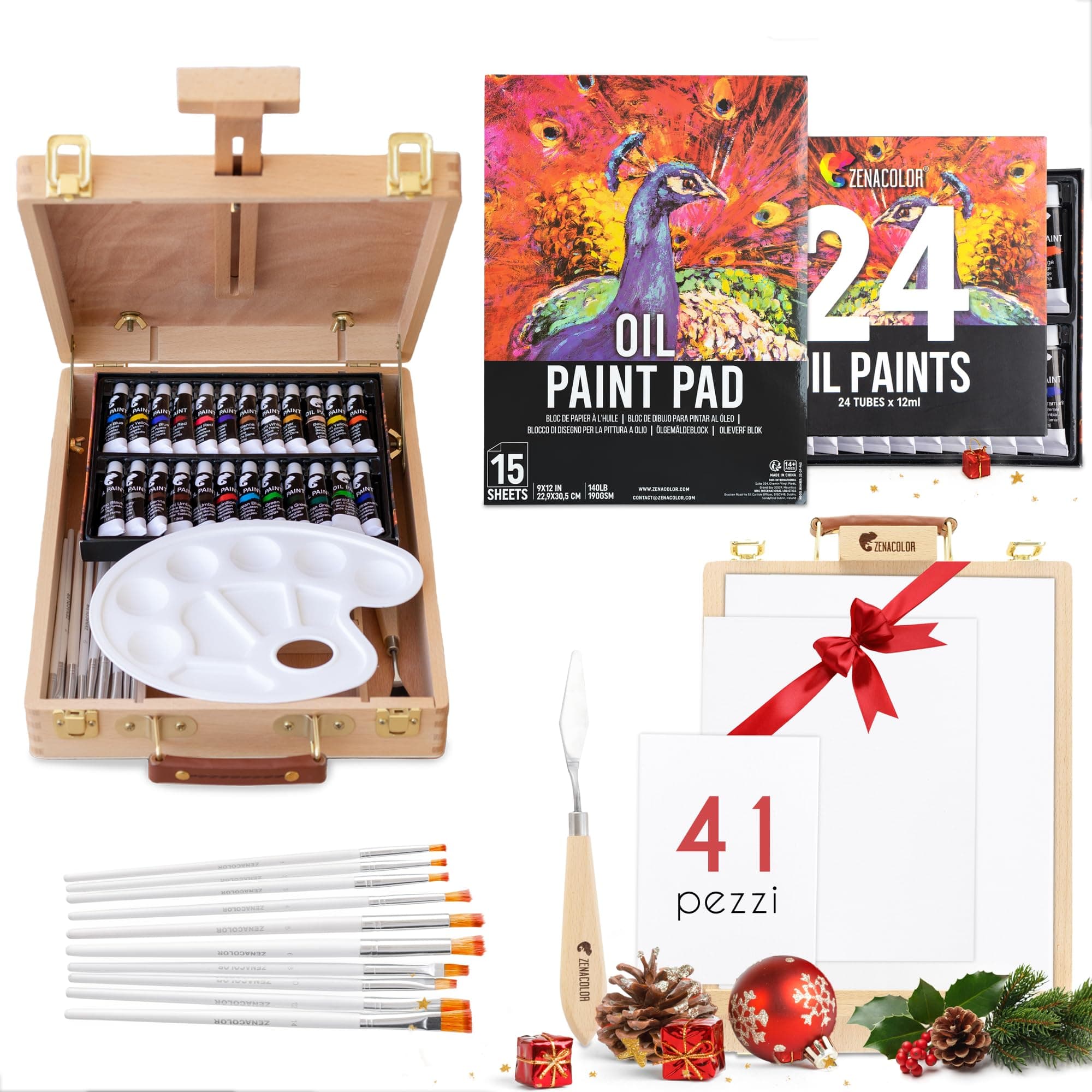 Set Pittura da Tavolo, 41 Pezzi : 24 Tubi Colori a Olio per Dipingere 3 Tele 1 Blocco 10 Pennelli 1 Spatole 1 Tavolozza e 1 Cavalletto