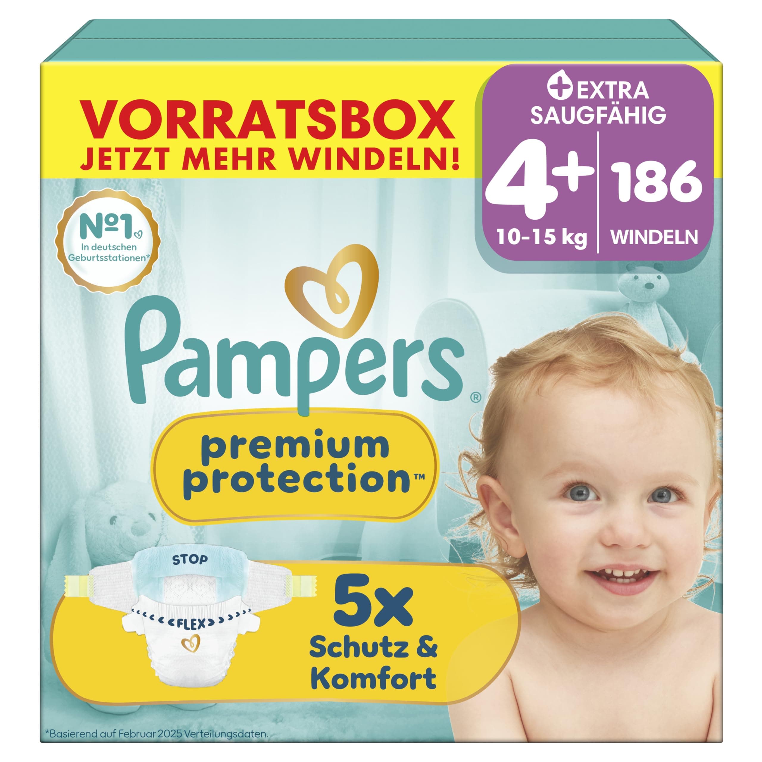 Pampers Premium Protection Größe 4+, 186 Windeln, 10kg-15kg, unser Nr. 1 Haut- und Auslaufschutz