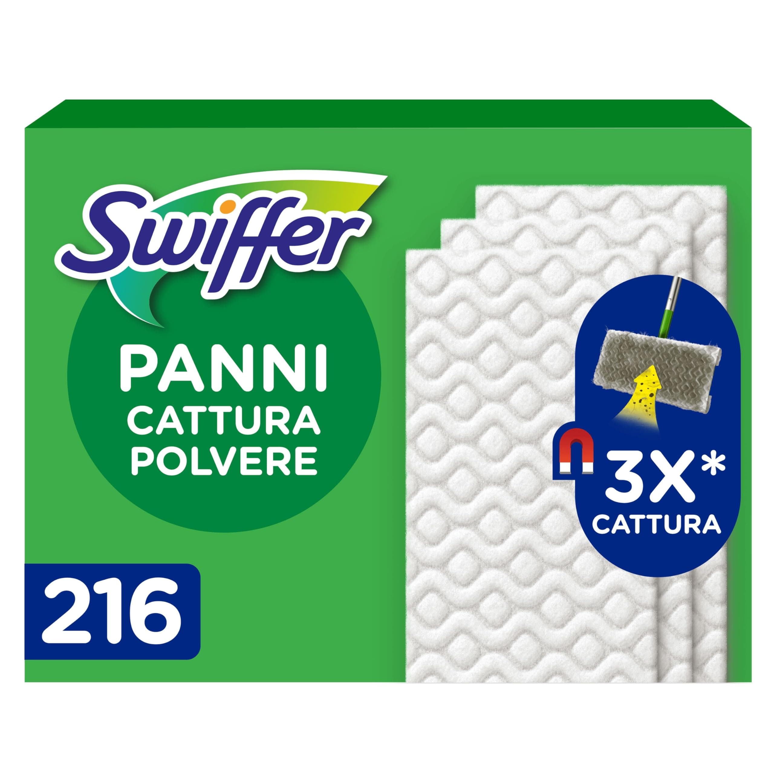 Swiffer Dry, Ricariche Microfibra Catturapolvere, 216 Panni, Giga Pack | Cattura 3 Volte Più Polvere e Peli di Animali/Capelli Rispetto alla Scopa Tradizionale, Ottimo e Sicuro per Tutti i Pavimenti