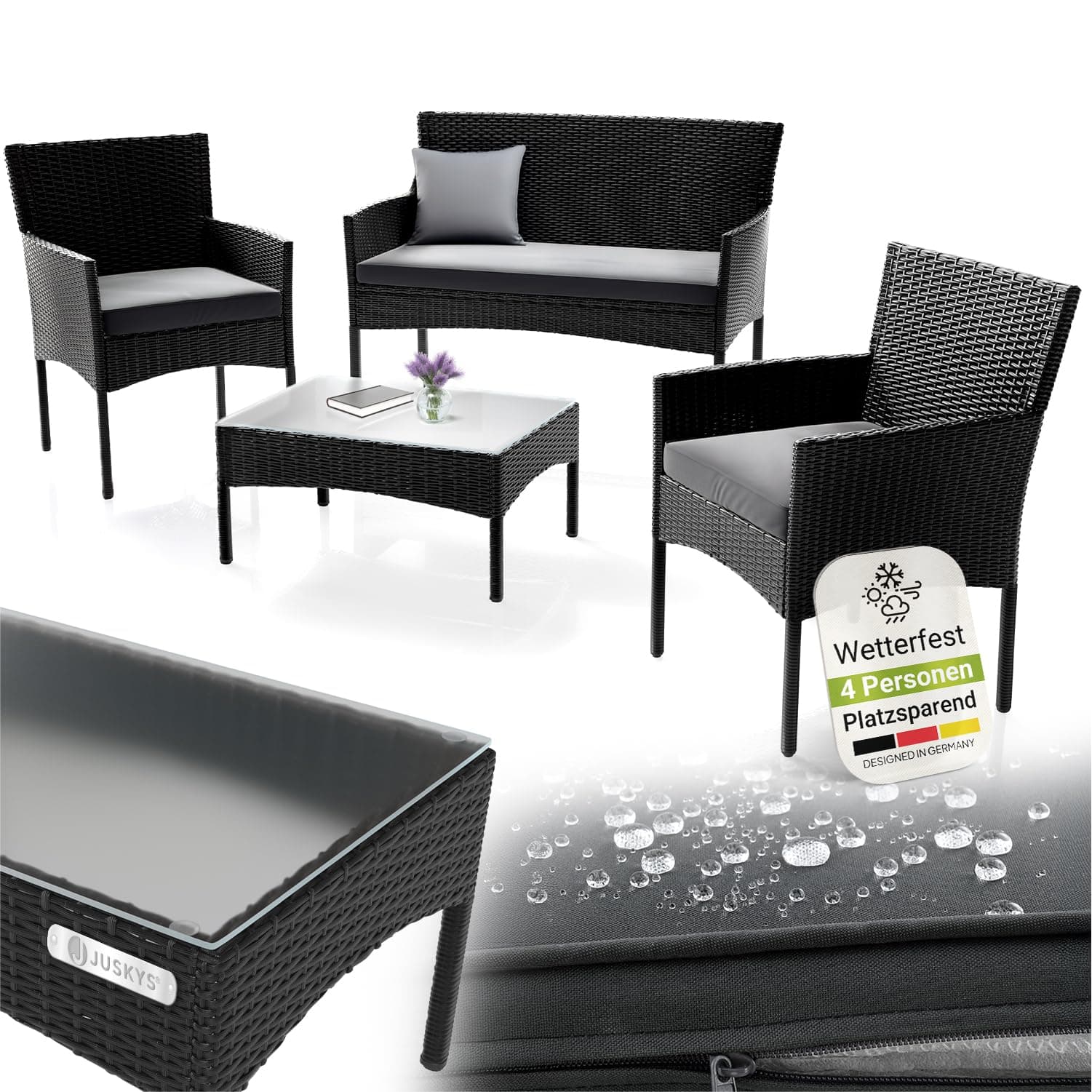 Juskys Polyrattan Sitzgruppe Fort Myers 4 Personen mit 2er Sofa, 2 Stühle, Tisch & Sitzkissen wetterfest schwarz/grau Balkonmöbel Gartenmöbel Set