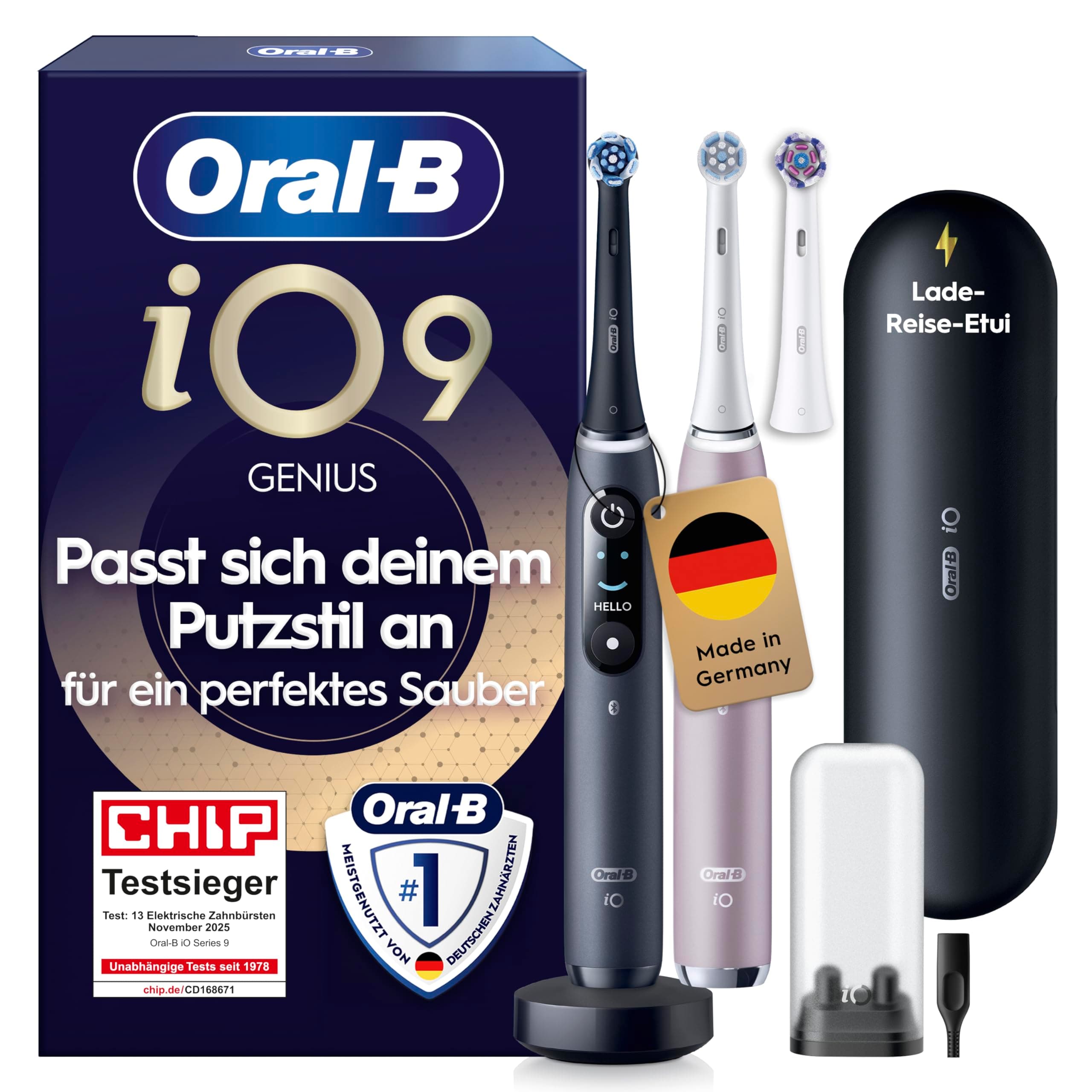 Oral-B iO Series 9 Elektrische Zahnbürste, Doppelpack — Electric Toothbrush, Inkl. 3 Aufsteckbürsten — 7 Modi für Zahnpflege, CHIP Testsieger (11/25), Designed by Braun, Schwarz und Rosa