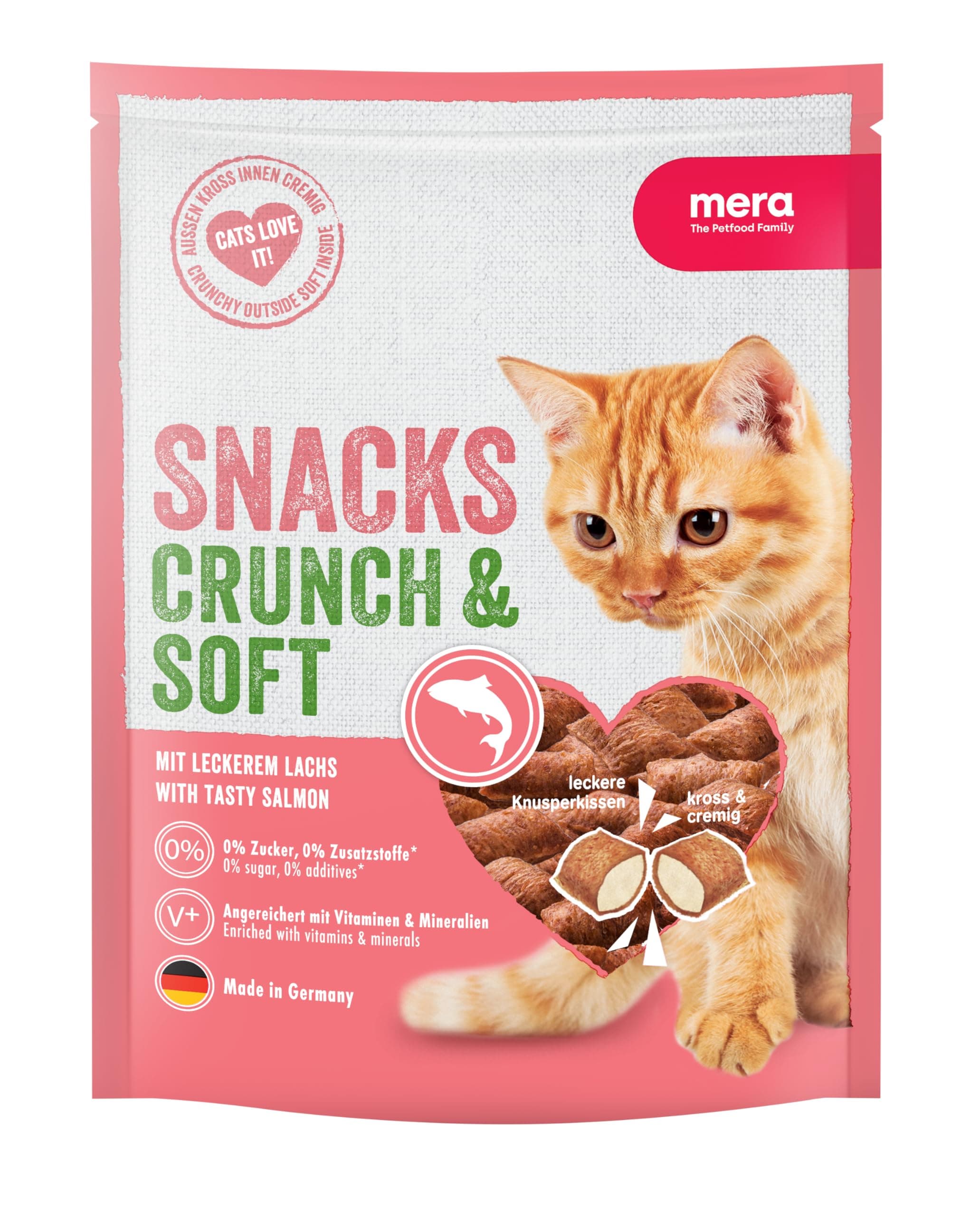 mera Crunch & Soft mit Lachs, 200g köstliche Katzen Leckerlies, nahrhafter Katzensnack voller Vitamine und Mineralien, krosse Kissen mit cremiger Füllung