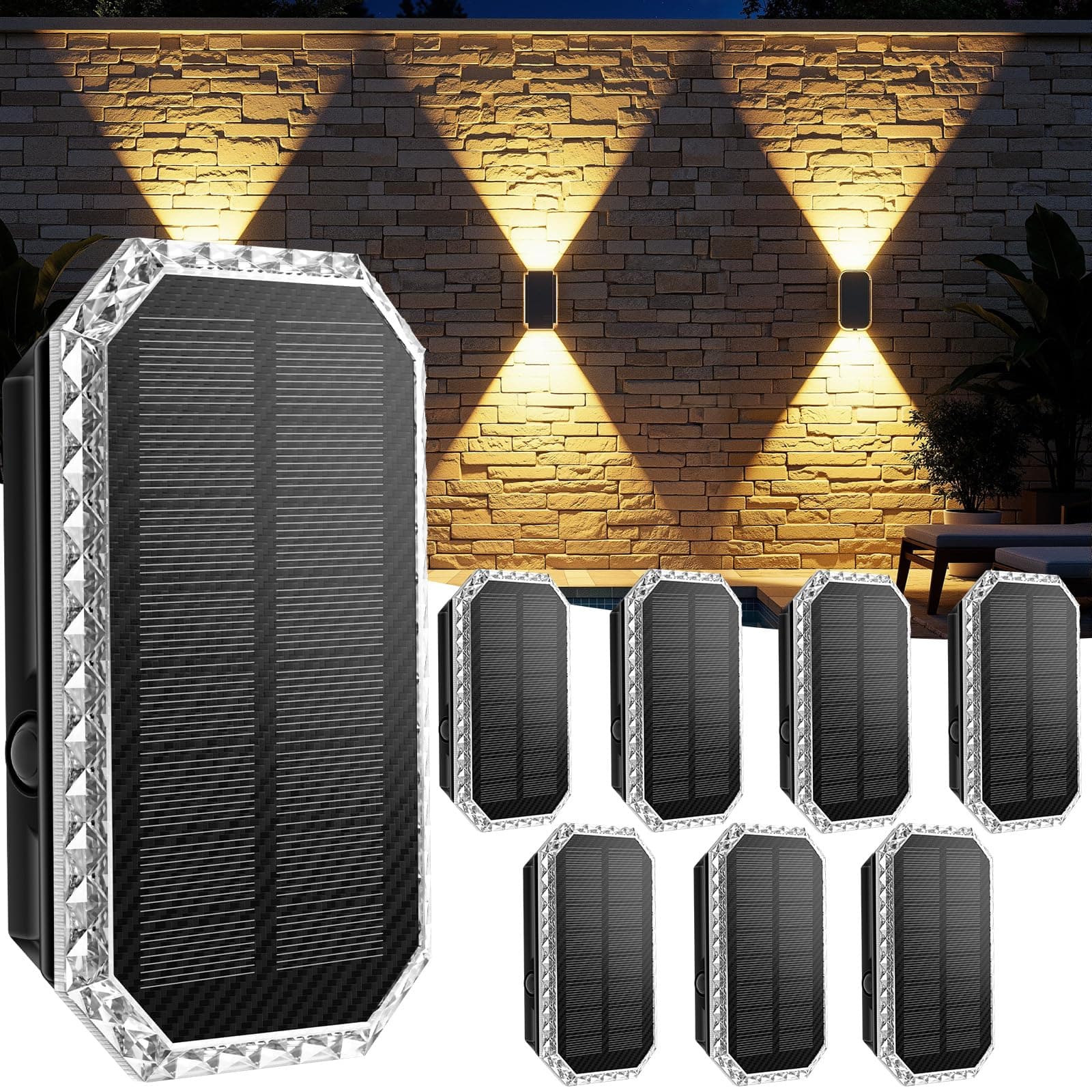 Giliwosy Aplique Solar de Pared, Lámpara Solar Exterior Pack de 8, 3 Colores de Luz IP65 Impermeable, Batería 1200mAh Luces Solares Exterior Decorativas para Jardín, Piscina, Patio y Valla