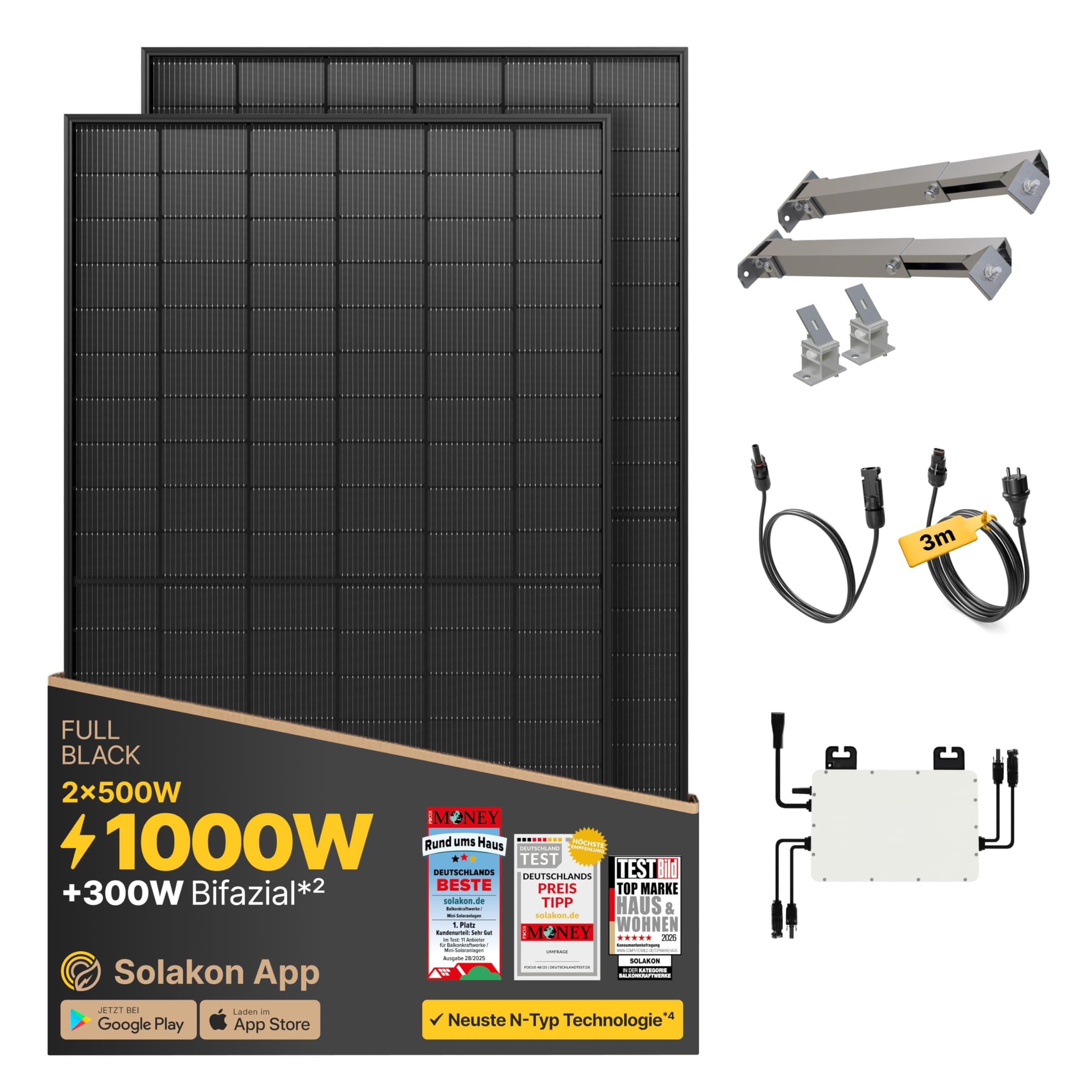 Solakon® 1000W Balkonkraftwerk mit Halterung (Wand) - Balkonkraftwerk 800W komplett Steckdose - neuester 800 Watt Wechselrichter - Solaranlage Komplettset - 500W bifaziale Solarmodule inkl. Zubehör