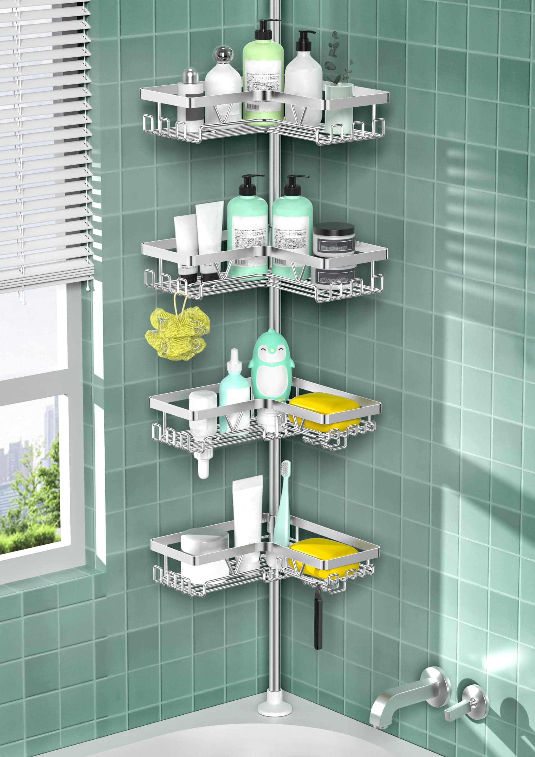 Cooeco Etagere Douche,Etagere Telescopique Douche sans Percage,avec 4 paniers, étagère de Salle de Bain(Argenté)