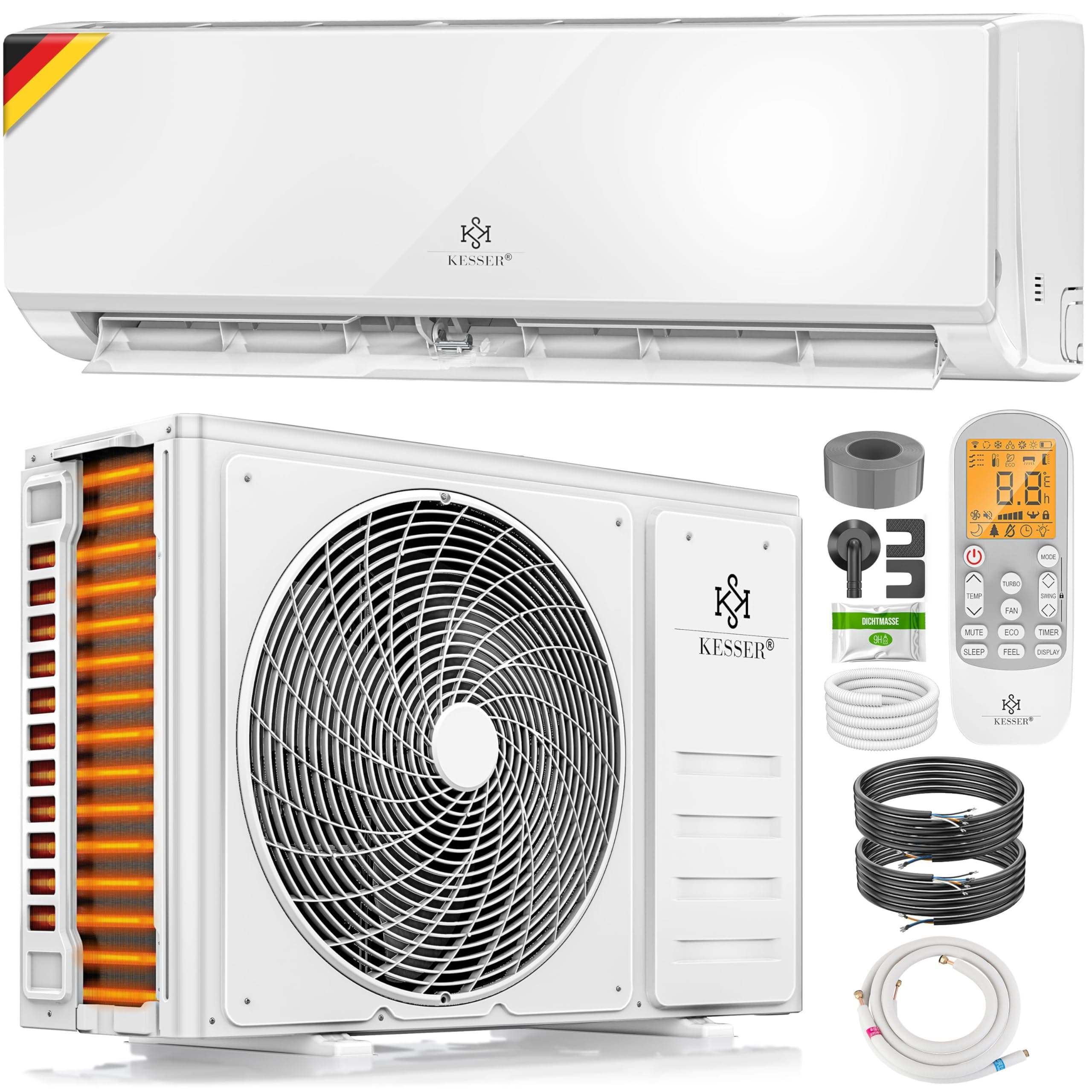 KESSER® Klimaanlage Set Split, WiFi/App Funktion Klimagerät, Kühlen A++/Heizen A+, 9000 BTU/h (2.600W) sehr leise, Kältemittel R32, Fernbedienung, Timerfunktion, Montagematerial, Weiß