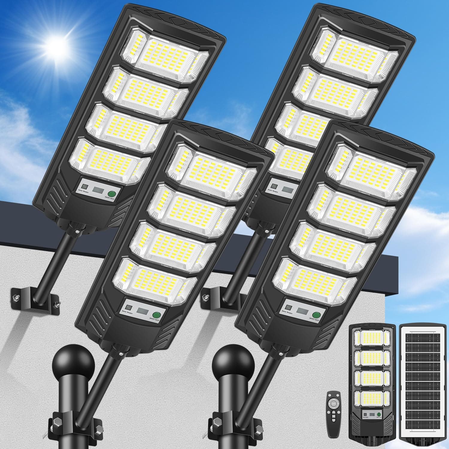 LEKIA Farolas Solares Exteriors, 600W Potente 192 LED Luz Solare Exterior con Sensor de Movimiento & Mando a Distancia, 6500K Focos Solares Exterior para Jardin, Garaje, Camino (4 Paquete)