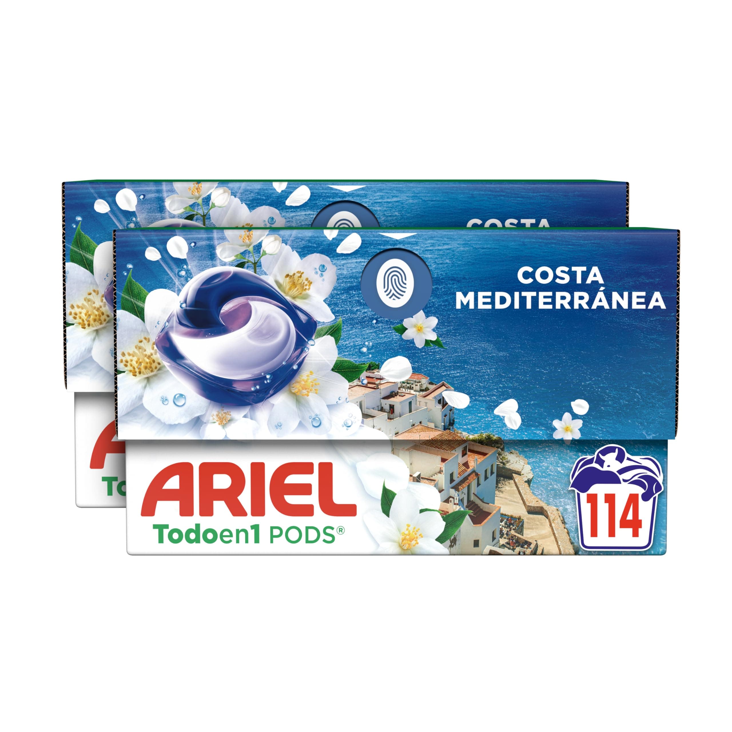Ariel Todo en 1 PODS Brisa Marina Y Jazmín, Detergente Líquido Para Lavadora en Cápsulas, 114 Lavados, Edición Limitada Costa Mediterránea