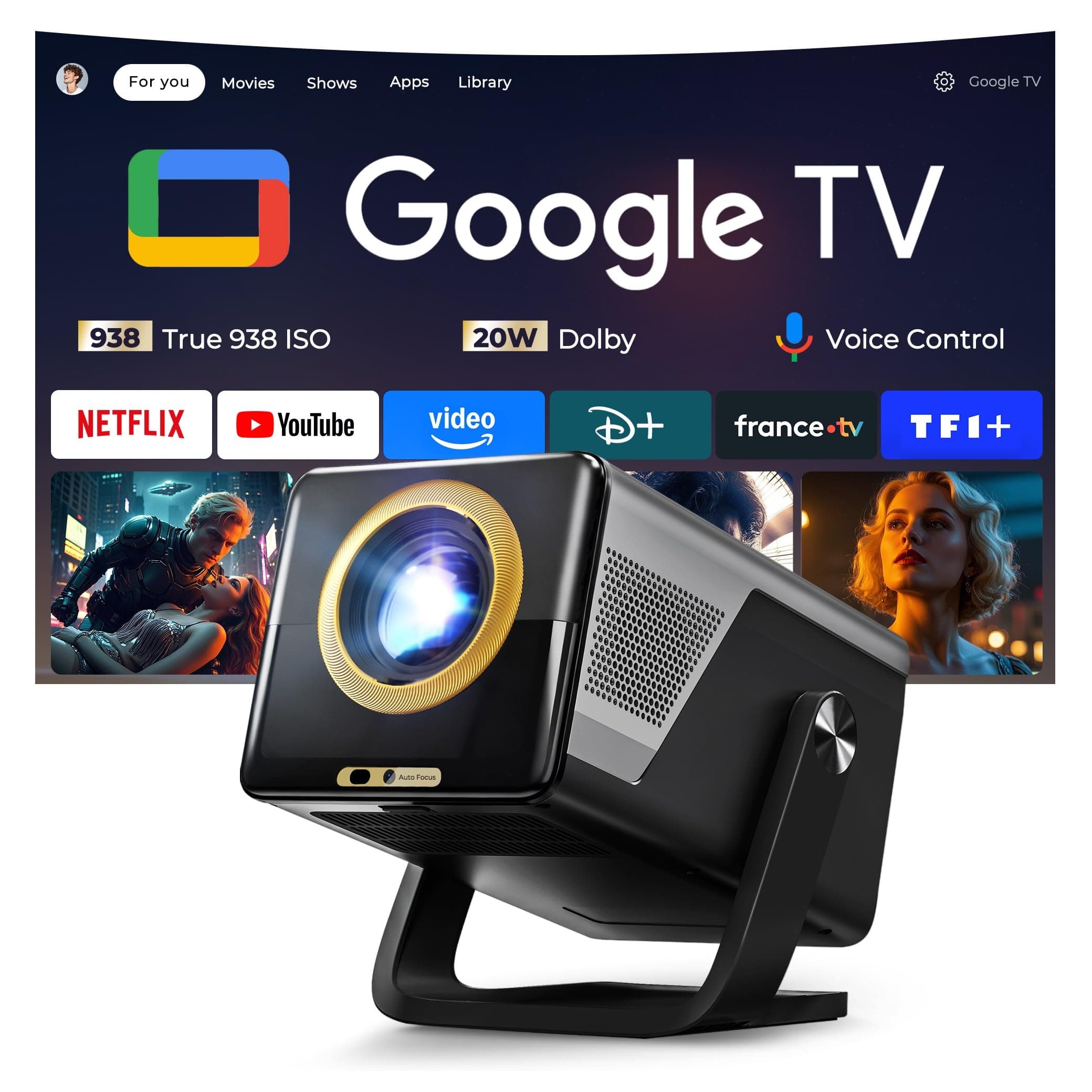 Vidéoprojecteur Intelligent Google TV Compatible 4K,Hi-FI Audio, Auto Focus | X7PRO Natif 1080P FHD Smart Portable Vidéo Projecteur avec Officiel APPs,Assistant Vocal, HDR10+,938 ISO,WiFi 6 Bluetooth 5.2