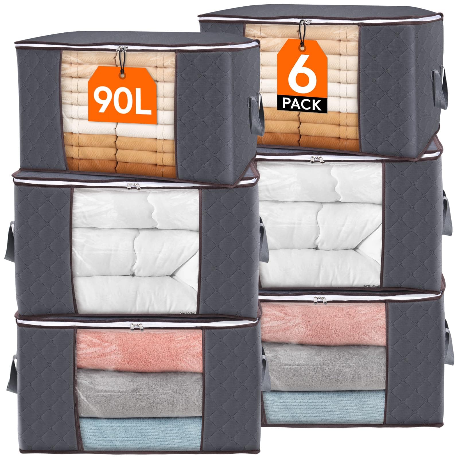 Lifewit Scatole per Armadio, Scatole Vestiti, Organizer Armadio per Piumoni, Scatola Trasloco, Buste Pieghevole per Indumenti, Coperte, Biancheria da Letto, Grigio, 90L, 6 Pezzi