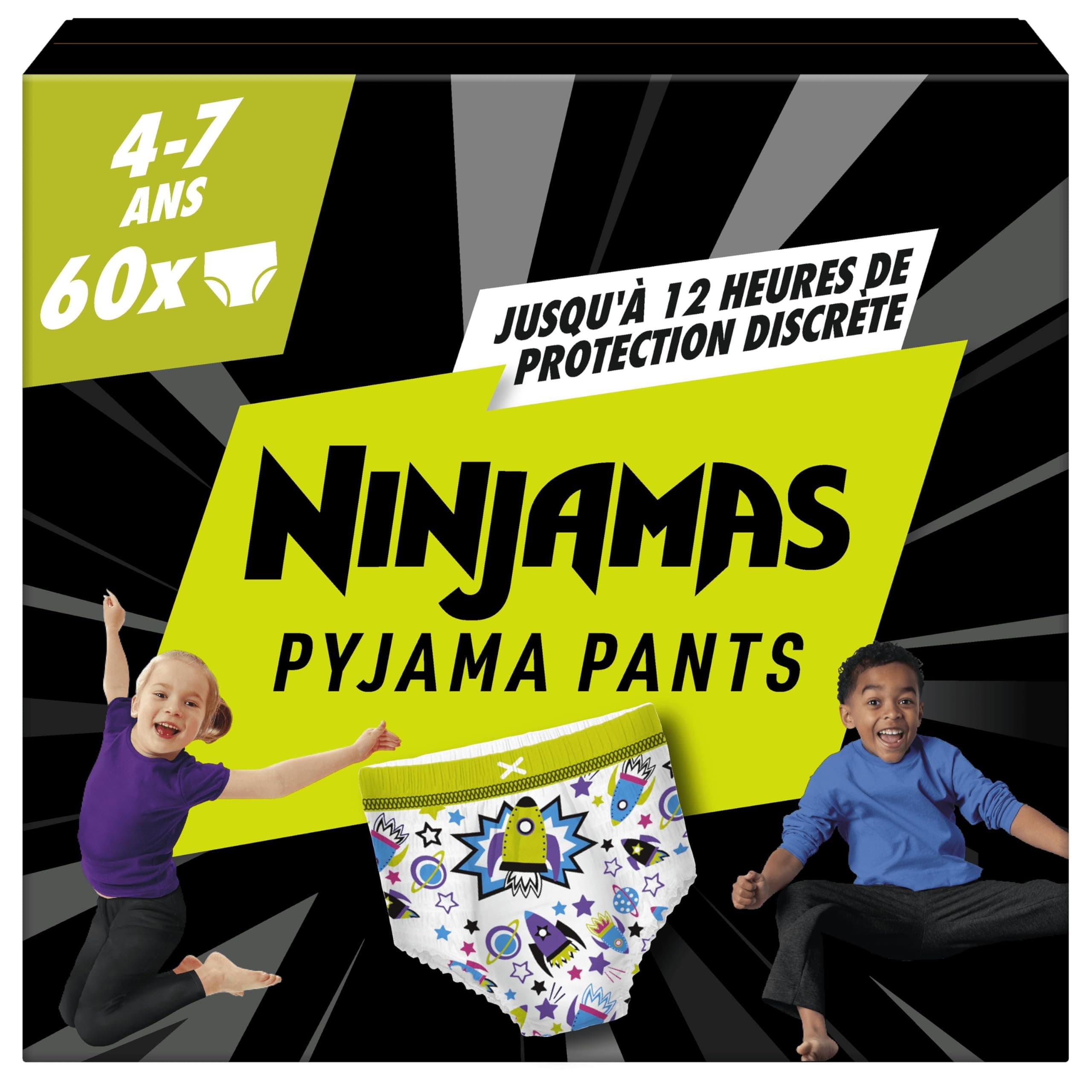 Pampers Ninjamas Pyjama Pants, Garçon, 60 Sous-Vêtements de nuit Absorbants, 4-7 Ans, 17-30kg, Protection Maximale Contre Les Fuites Toute La Nuit En Toute Discrétion, Pack 1 Mois