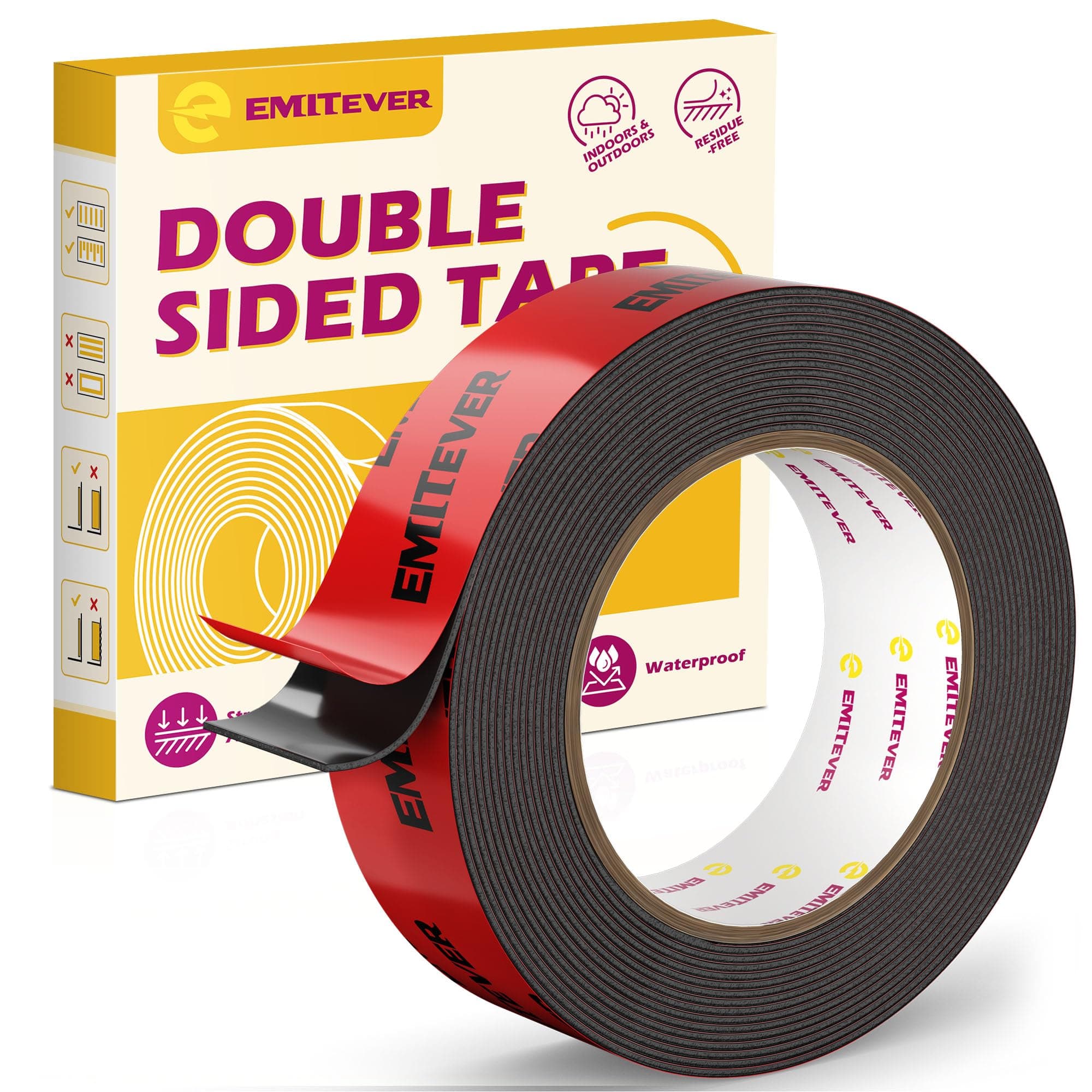 EMITEVER Double Face Extra Fort 5m x 25mm Ruban Adhésif Puissant Noir | Ruban Adhésif Résistant, Imperméable, S'enlève Sans Laisser de Traces, Résistant aux Intempéries, Fixation Sans Clous
