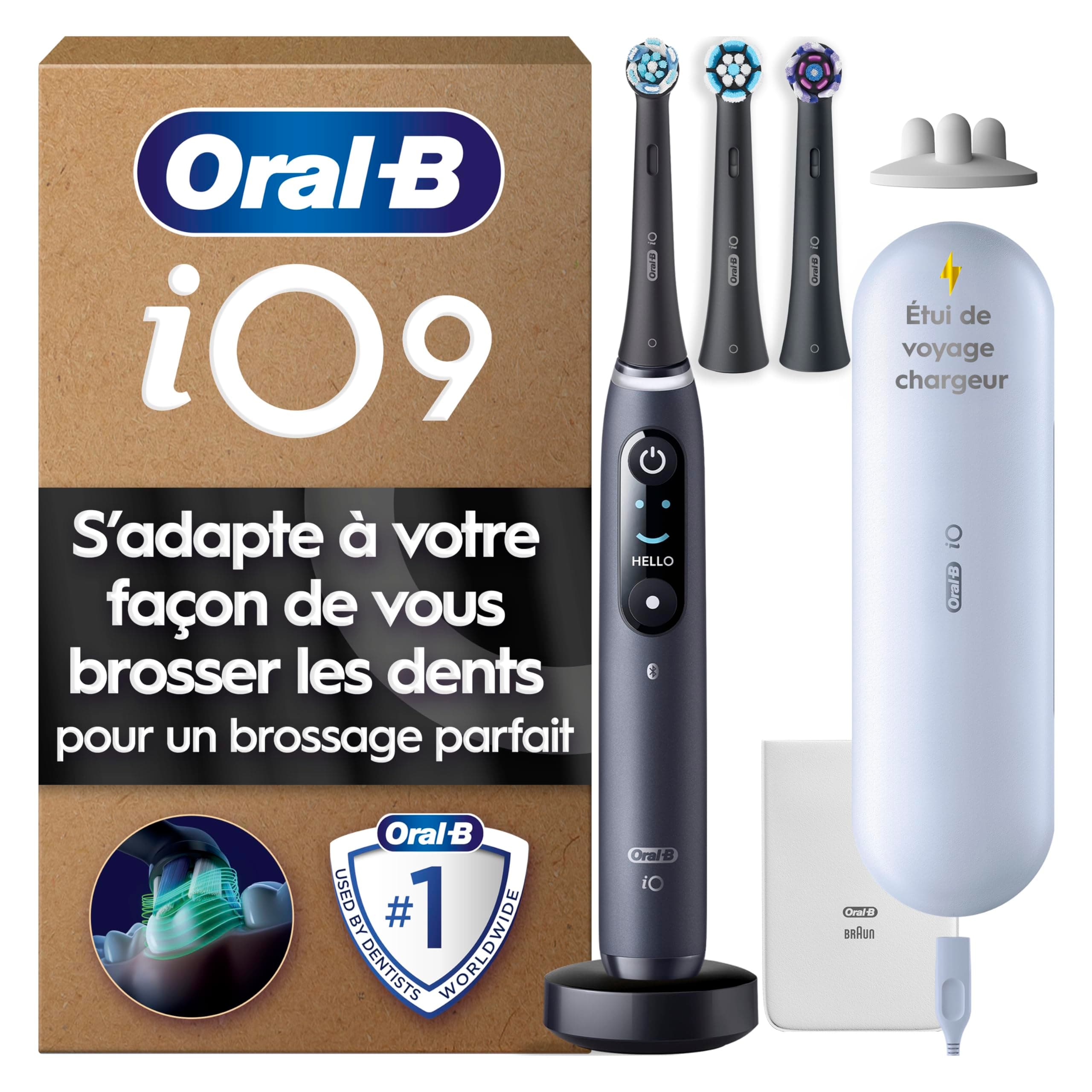 Oral-B Brosse à Dents Electrique iO 9, 3 Brossettes de Rechange, Noire – 7 Modes de Brossage dont Blancheur et Soin Gencives, Charge Rapide de la Batterie, Capteur de Pression, Détection IA, Etui