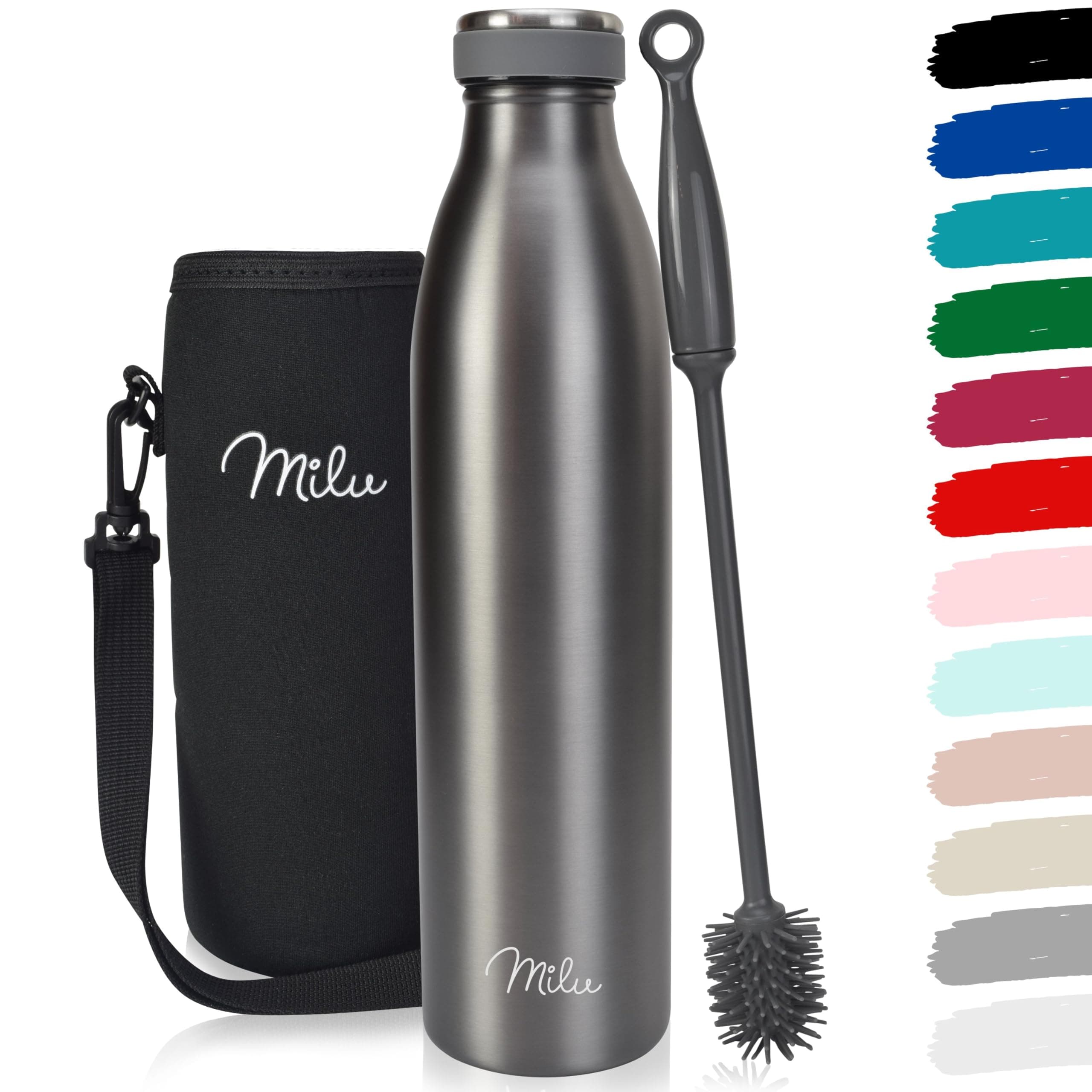 Milu - Thermo in acciaio inox da 350/500/750/1000ml/1,5L borraccia termica, a prova di perdite, a doppia parete, adatta per bevande gassate, con spazzola per la pulizia (Grigio, 1L)