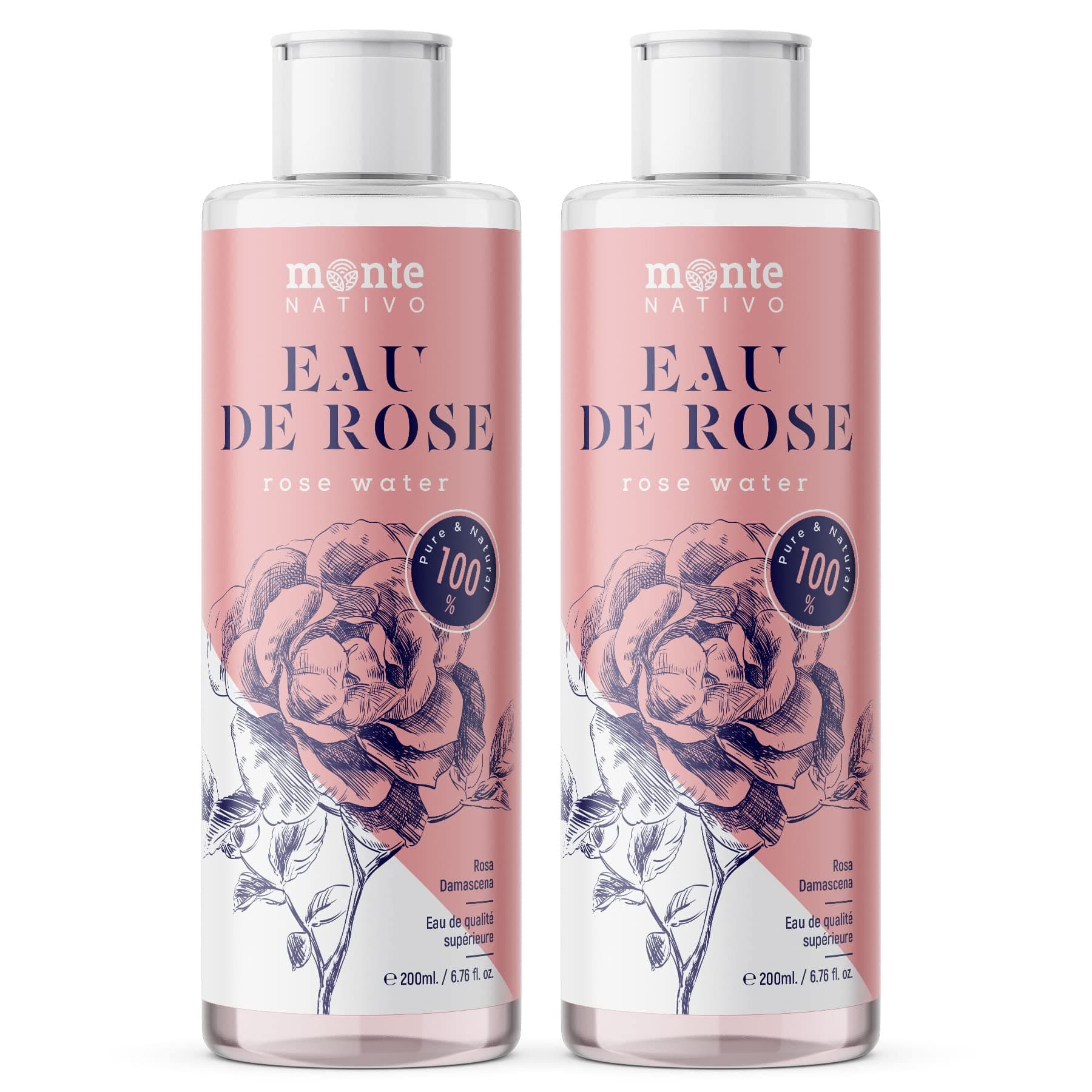 100% Pure Eau de Rose MonteNativo - 2x200ml - 100% Naturel, Lotion Tonifiante pour le visage, Hydrolat naturel de rose, Triple purification, eau florale de rose
