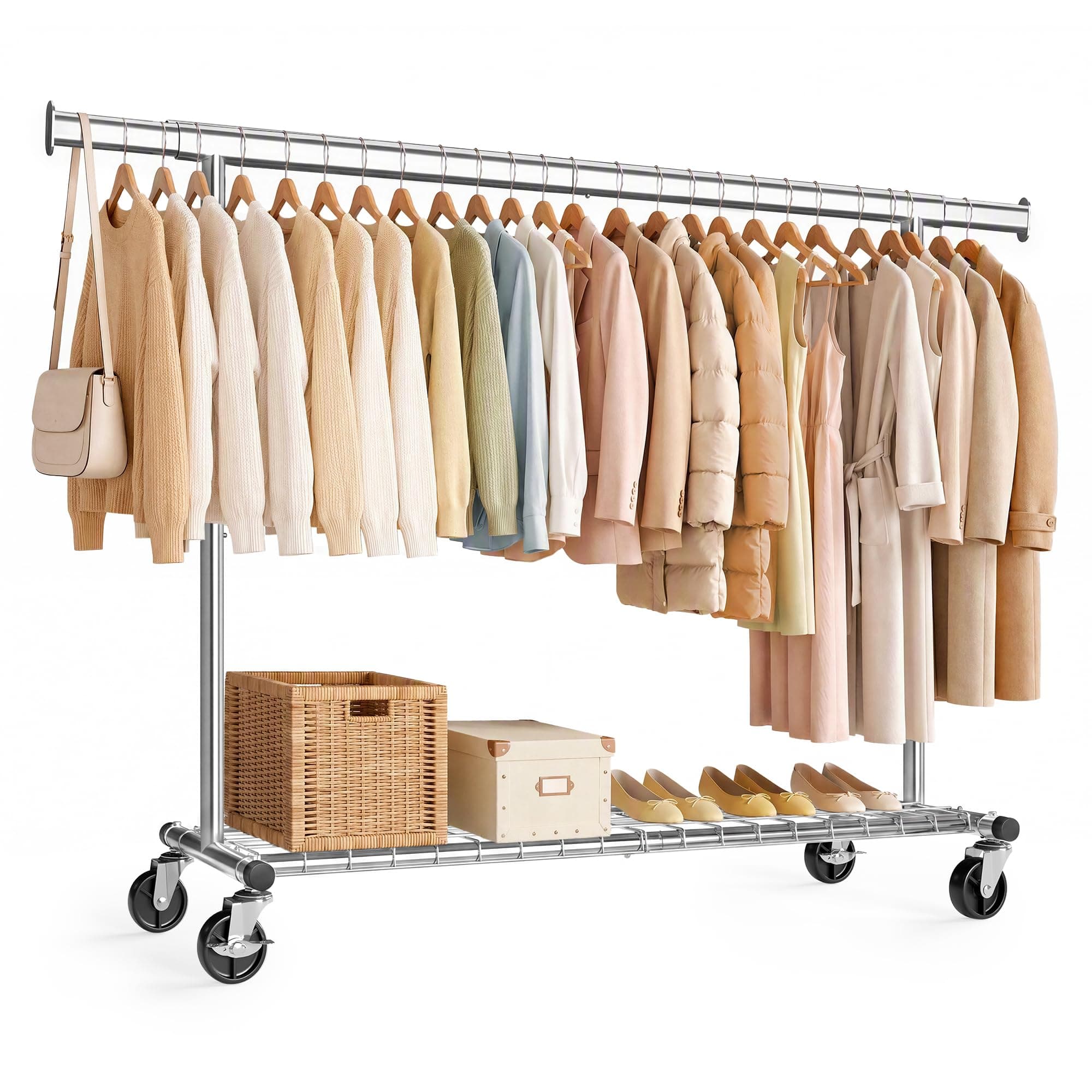 SONGMICS Burro Ropa Extensible con Ruedas, Acero | Armario Perchero para Dormitorio, (160-200) x 45 x 161,5 cm, 180 kg, Plateado, Colección Pataye, HSR178E101