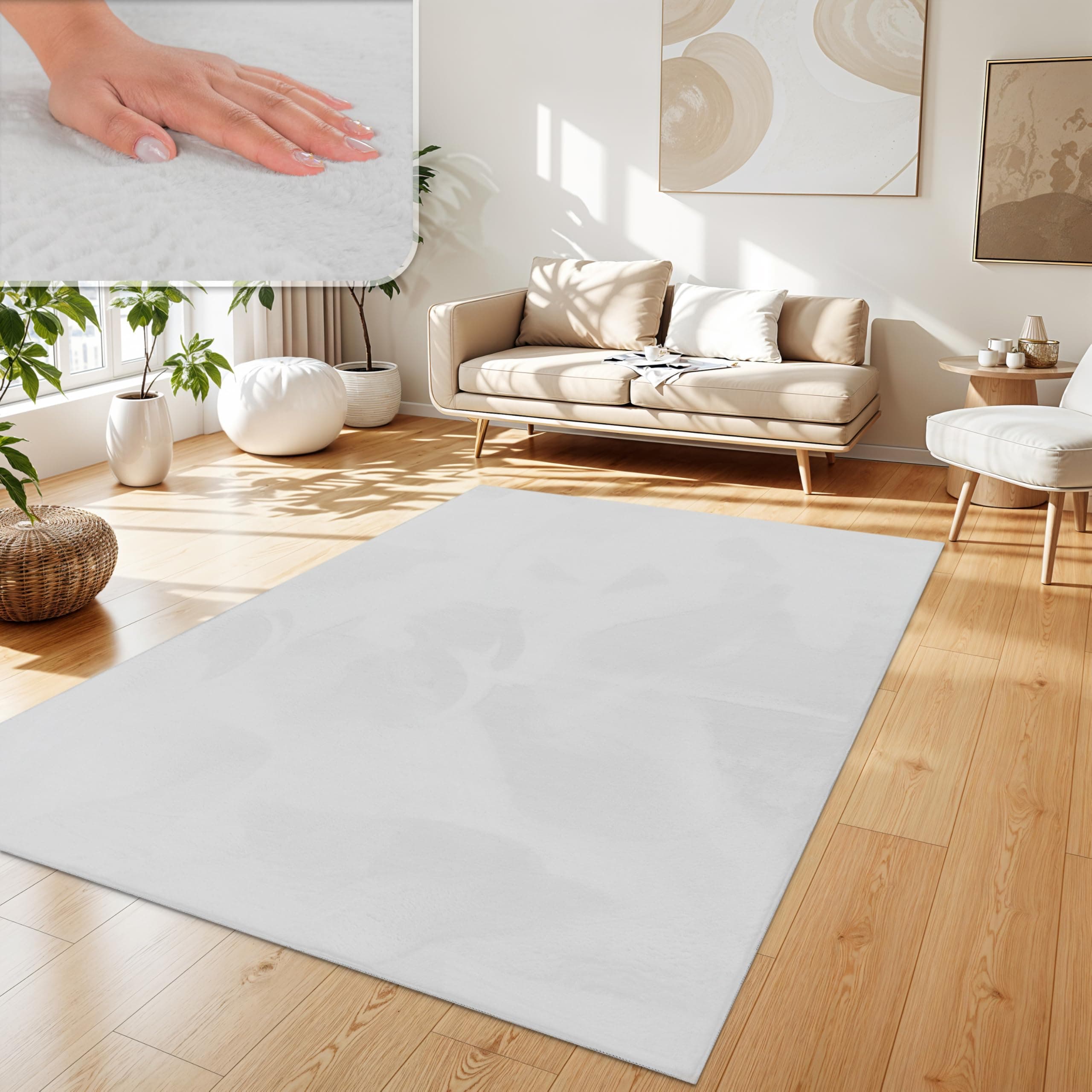 Paco Home Teppich Wohnzimmer Kunstfell weich waschbar modern elegant pflegeleicht Felloptik Uni Seidenglanz flauschig Hochflor, Grösse:200x280 cm, Farbe:Weiß