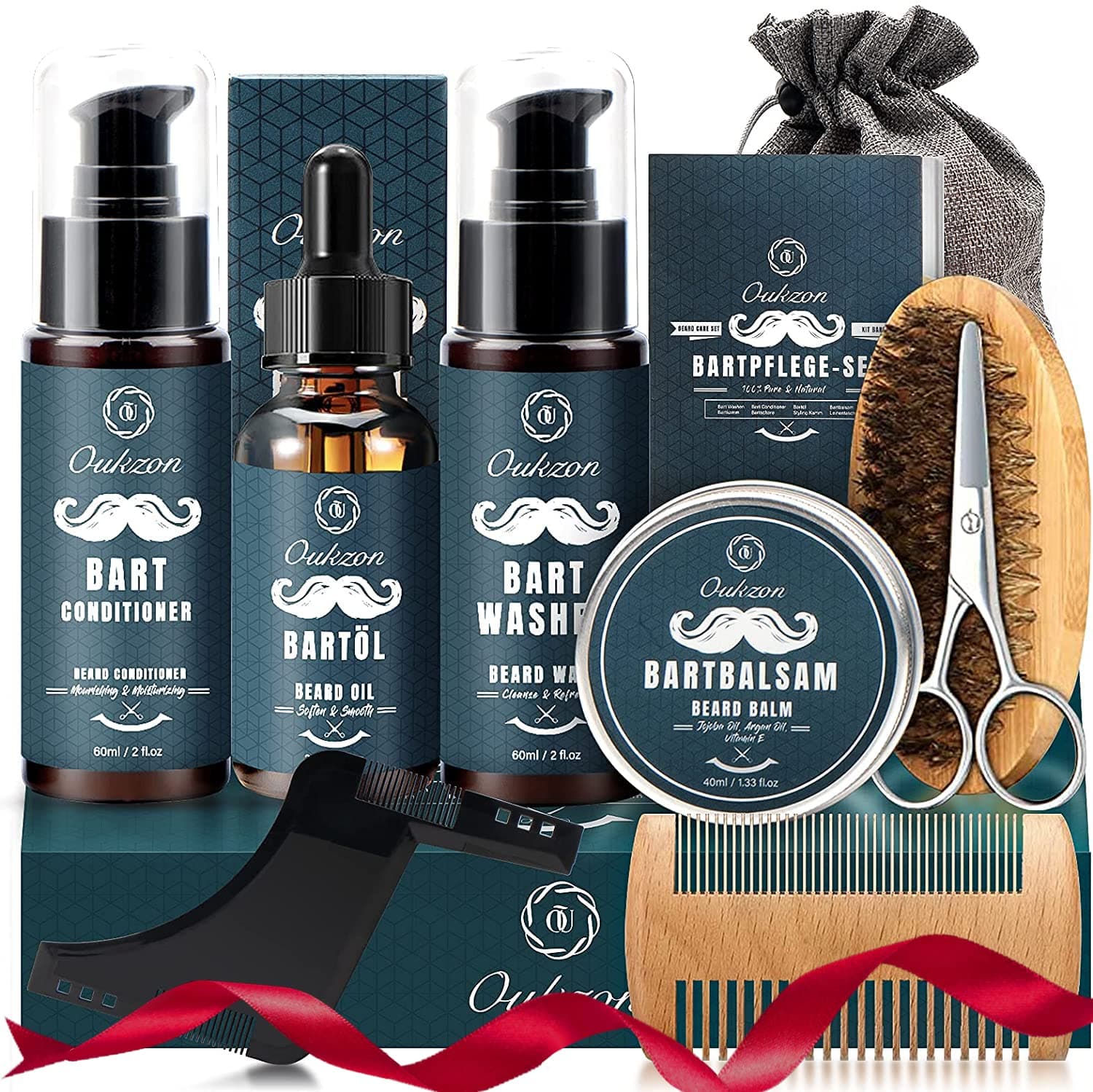 Kit Soins Barbe Homme, Oukzon 10 en 1 Coffret Barbe Homme Complet Professionnel avec Huile Barbe, Shampoing, Conditionneur, Idee Cadeau Homme Noel Saint Valentin Fete des Peres pour Papa, Frere, Mari