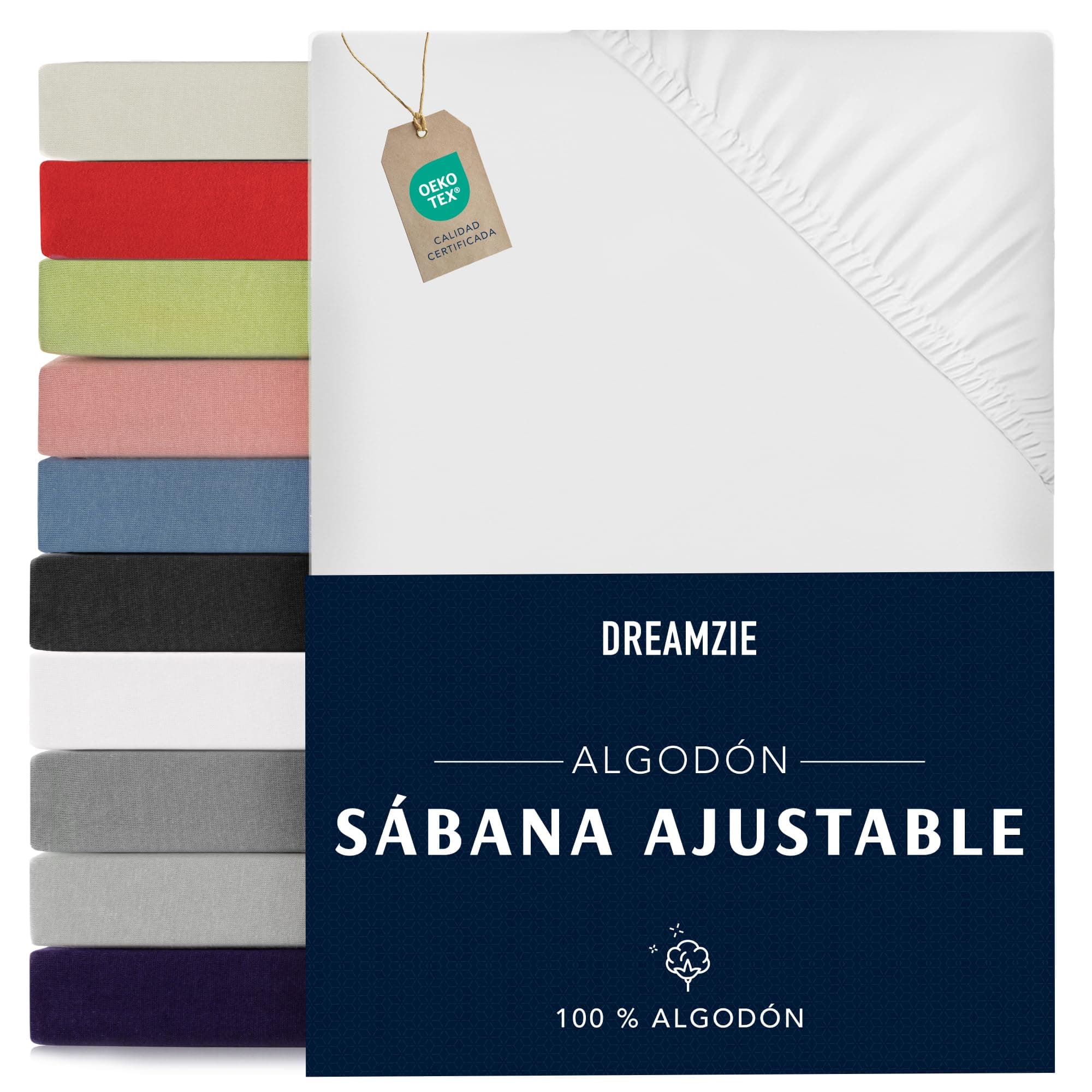 Dreamzie Sabanas 80x190/200 Ajustable - Algodon Oeko Tex Certificado - Blanco - Sábanas Bajeras 80 x 190/200-100% Jersey