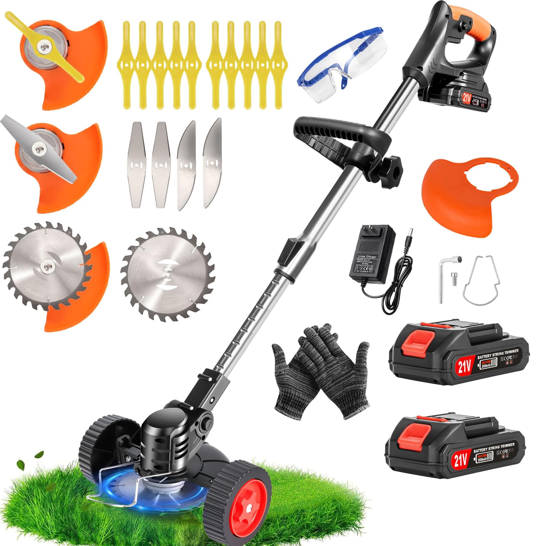 Debroussailleuse Electrique sans Fil 21V, Coupe Bordure sans Fil avec Batterie et Chargeur Rapide & 4 Types Lames, Débroussailleuse à Batterie avec Roue, légères et à Faible Bruit pour Jardin Élagage