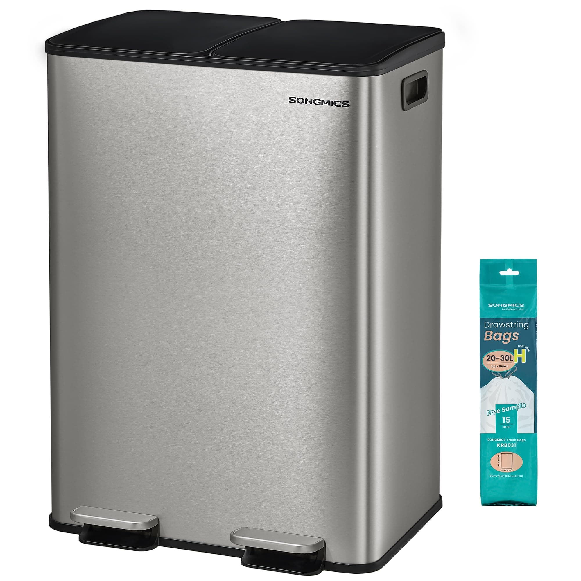 SONGMICS Poubelle de Cuisine, 2 x 30 L, 2 Compartiments, Poubelle à Pédale, Couvercle à Fermeture Douce, avec Seaux Intérieurs, Acier Inoxydable, 15 Sacs Poubelle Inclus, Argent LTB741EZ01