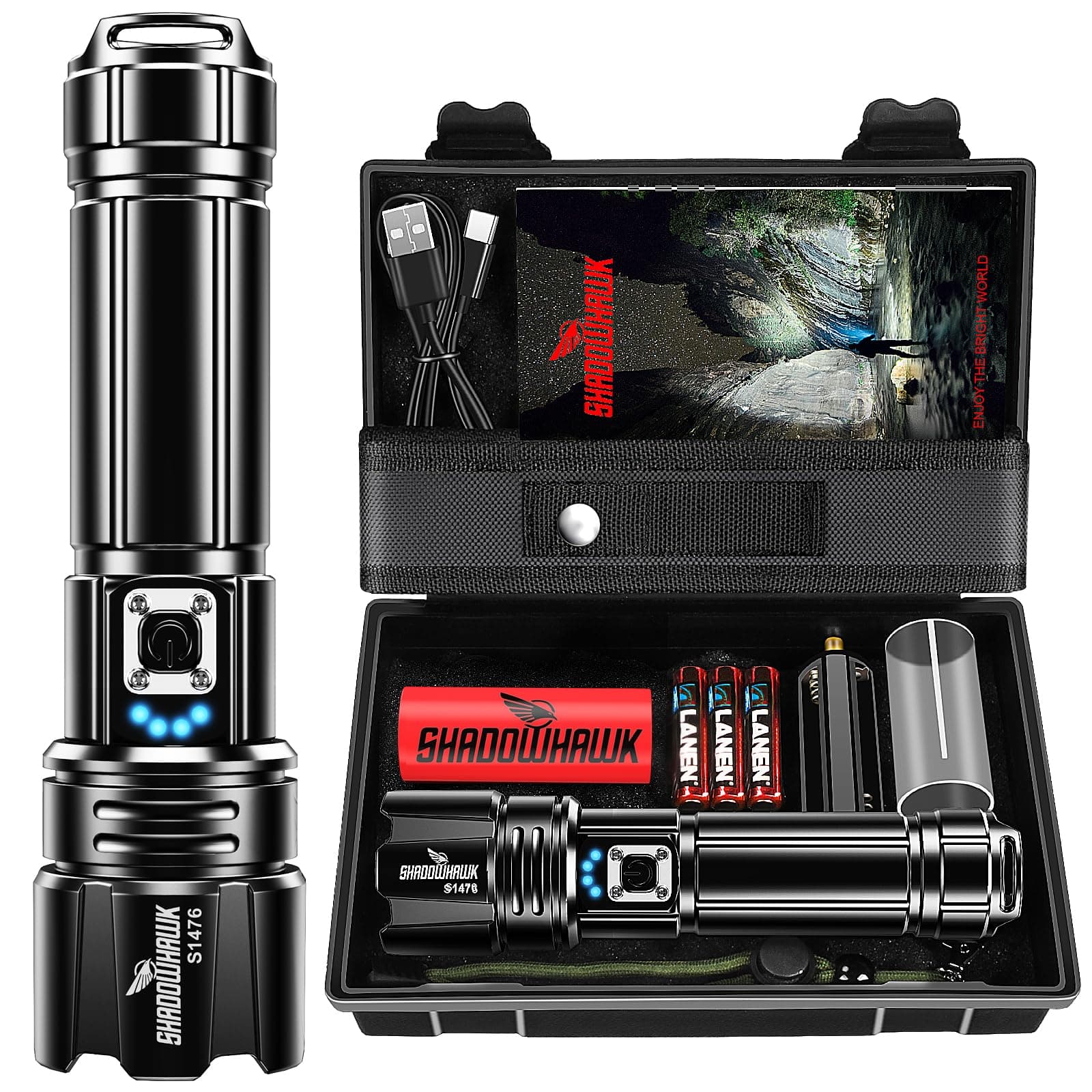 Shadowhawk Linternas LED Alta Potencia 1,000,000 Lúmenes, Linterna LED Recargable USB Táctica Militar Potente, XHP70.2 Linterna led, IPX67 Impermeable 5 Modos Portátil Linternas