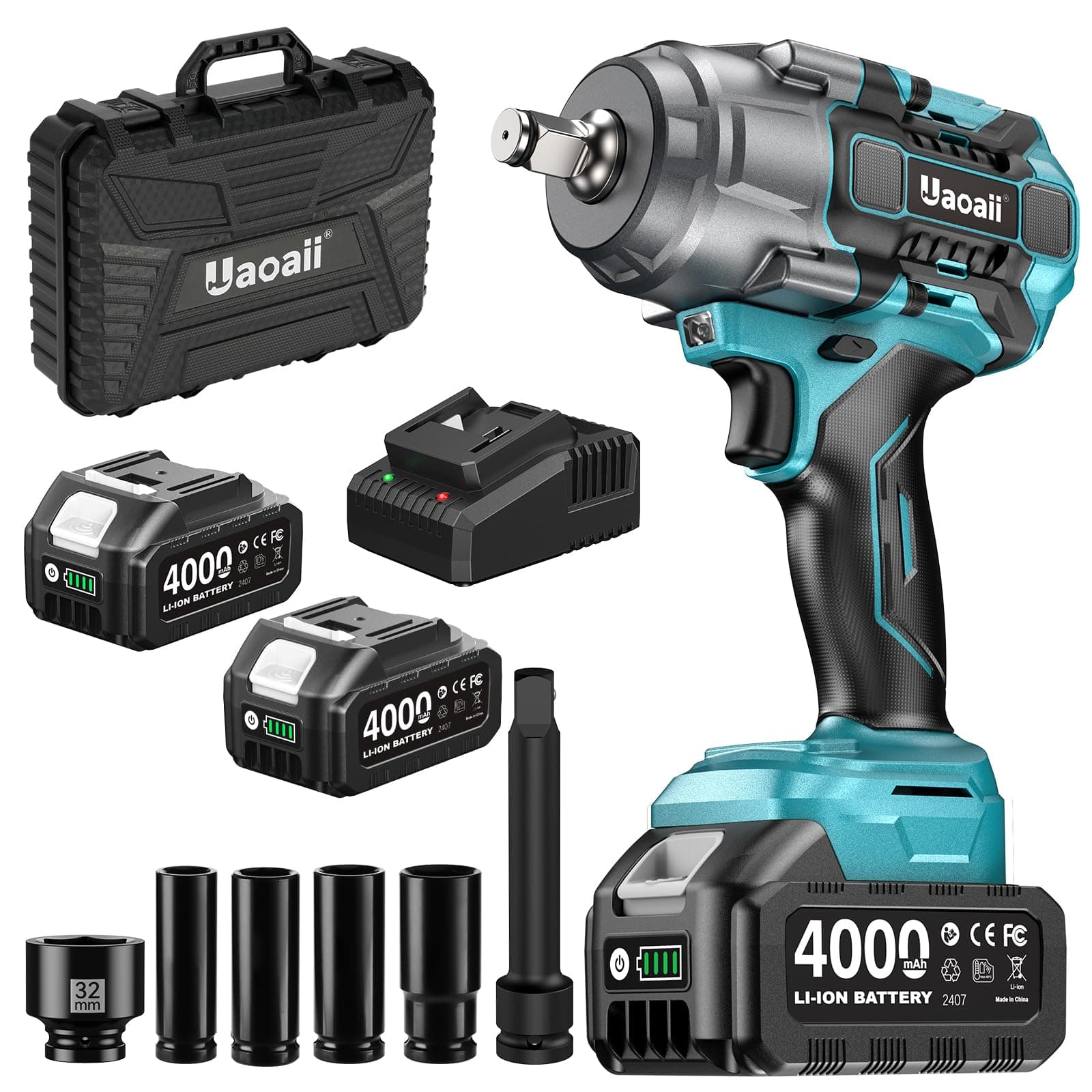 Uaoaii 1600 Nm Llave de impacto inalámbrica 1/2", 2 baterías 4000 mAh con cargador rápido, 21V Llave de Impacto Eléctrica motor sin escobillas de alto rendimiento ideal para coche, camión, garaje