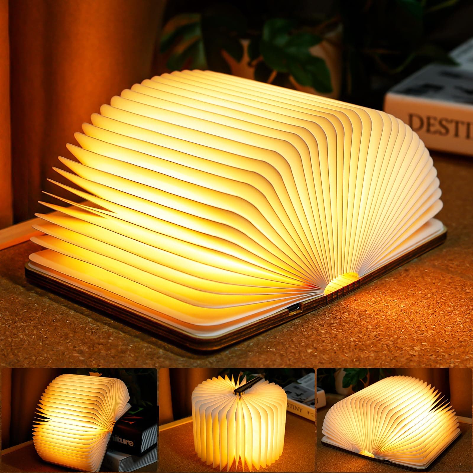 TRUMPETS Lampada Libro LED Pieghevole in Legno, Ricarica USB‑C | bianca calda, luci notturne ricaricabili, design pieghevole, idea regalo originale per compleanno e Natale