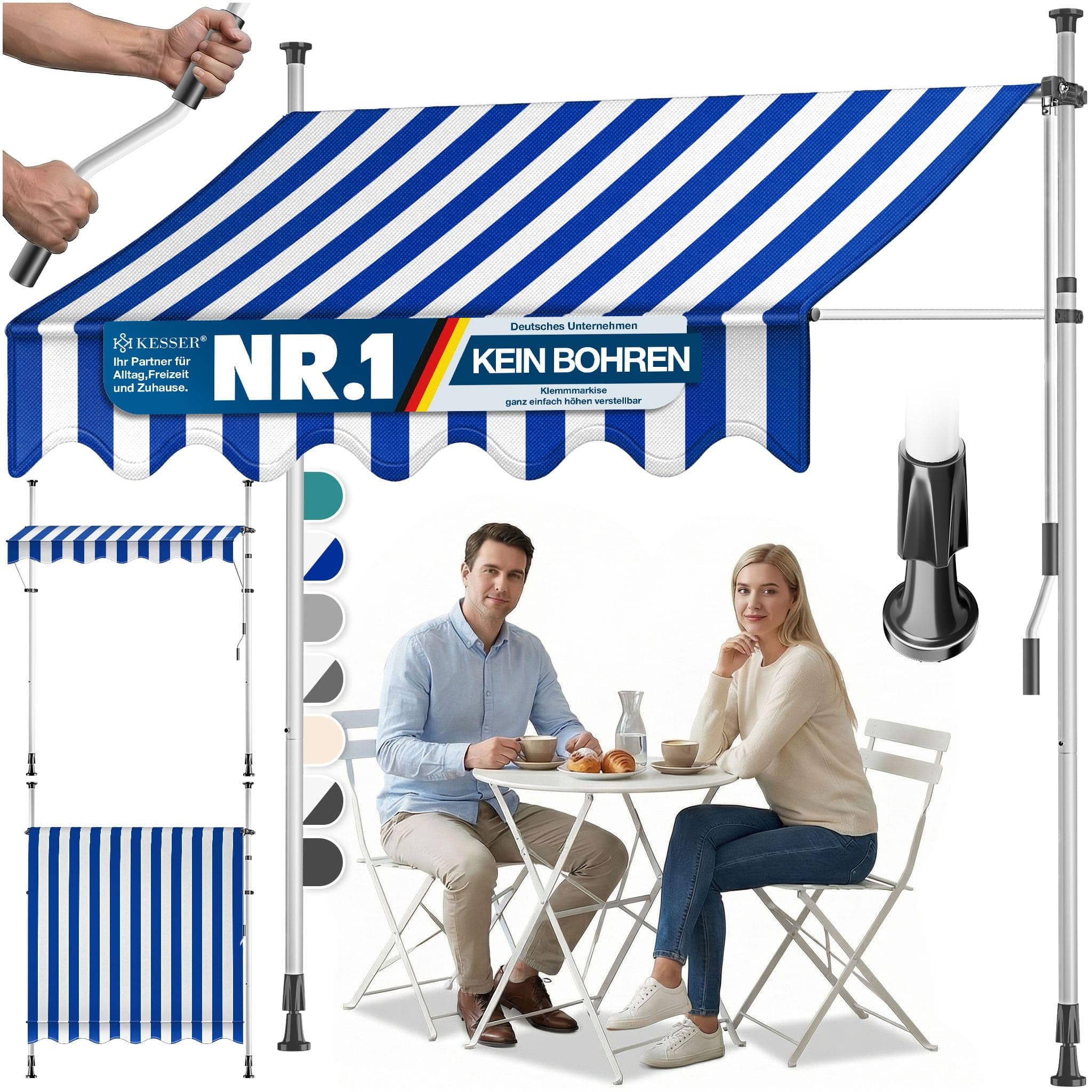 KESSER® Toldo para balcón con manivela, toldo para Balcones, Resistente a los Rayos UV, Regulable en Altura, Repelente al Agua, protección Solar, Cubierta para Patios, Azul-Blanco 150cm