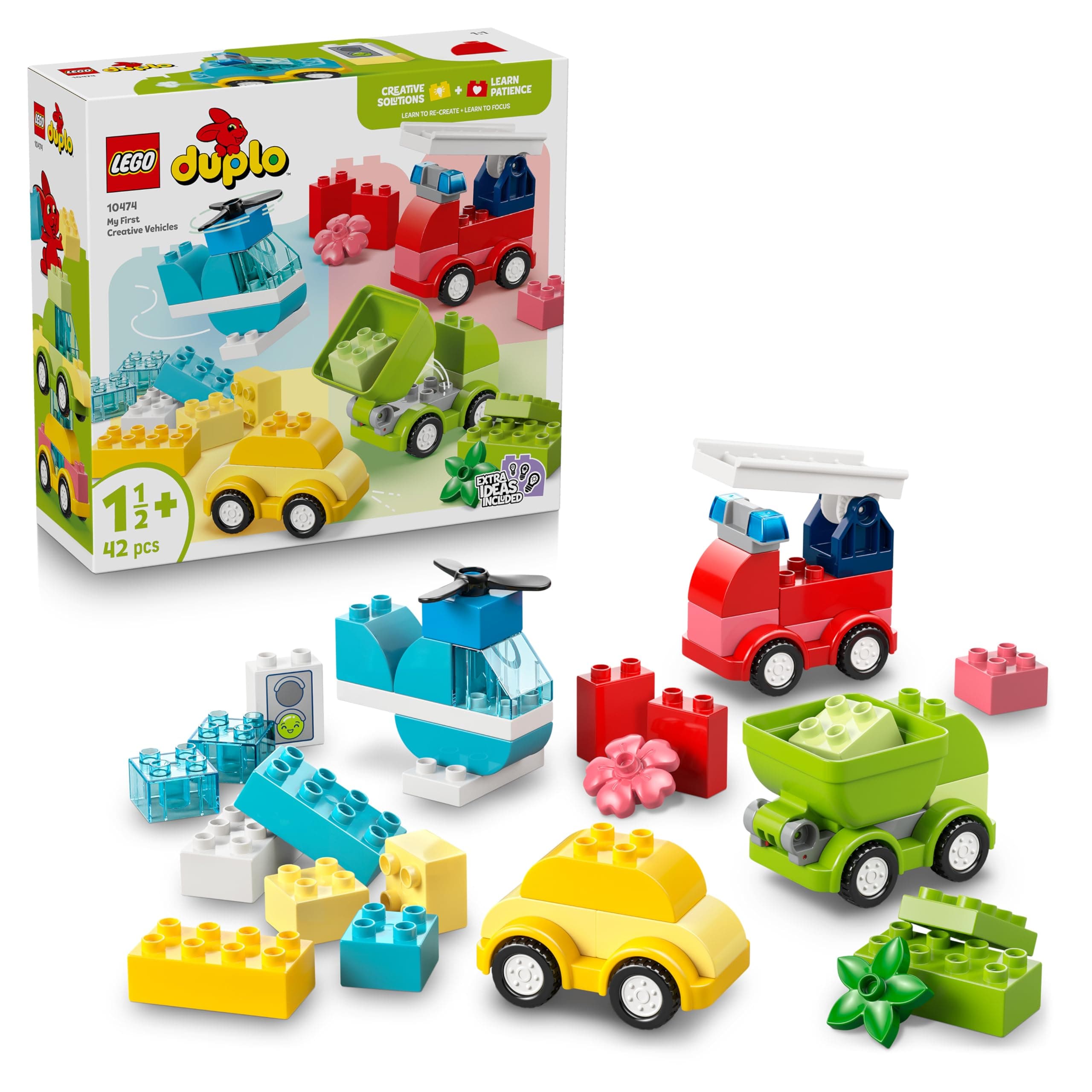 LEGO Duplo Vehículos Creativos - Juego Educativo para la Motricidad Fina - Coches, Camión de Bomberos, Helicóptero y Camiones de Juguete - Regalo de Cumpleaños para Niños y Niñas de 1+ Años - 10474