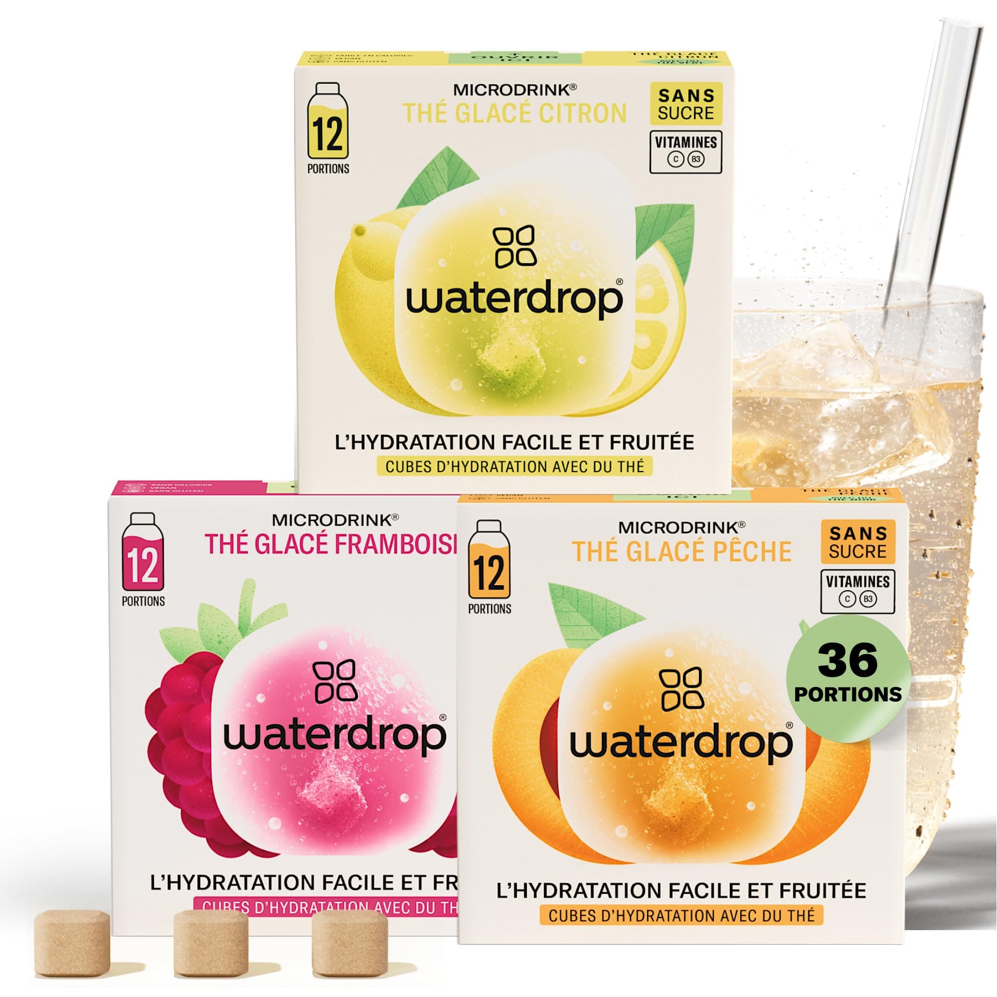 waterdrop® Coffret Thé Glacé | 36 cubes d'Ice Tea | Boisson sans sucre | 3 saveurs fruitées : Thé noir + Pêche, Thé vert + Citron, Thé noir + Framboise | Enrichi en vitamines