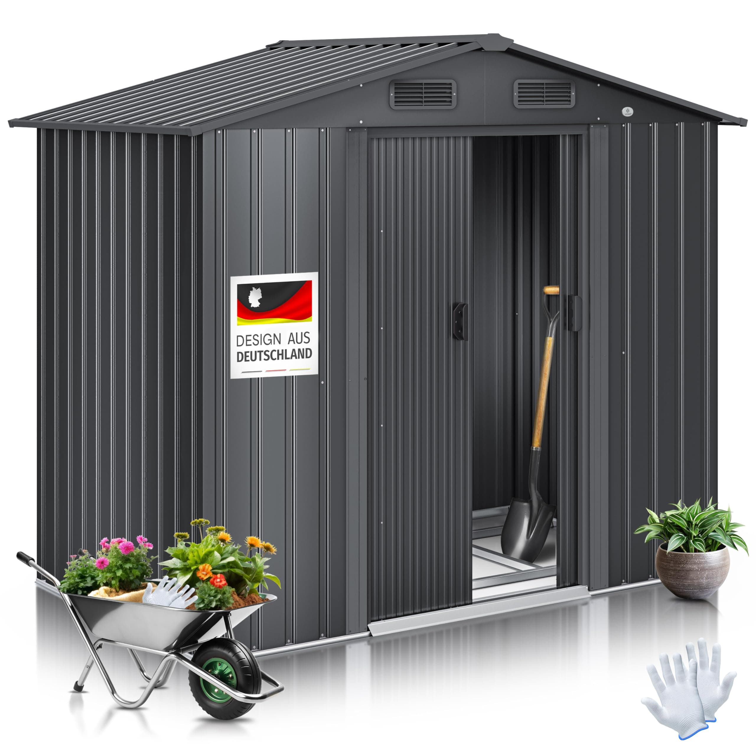 KESSER® Abri de Jardin XL en métal de 4,2 m³ avec Fondation, Gants de Travail, 182 x 118 x 186 cm, 2 Portes coulissantes, Abri à Outils, Armoire, Toit à pignon, abri de Jardin, Anthracite