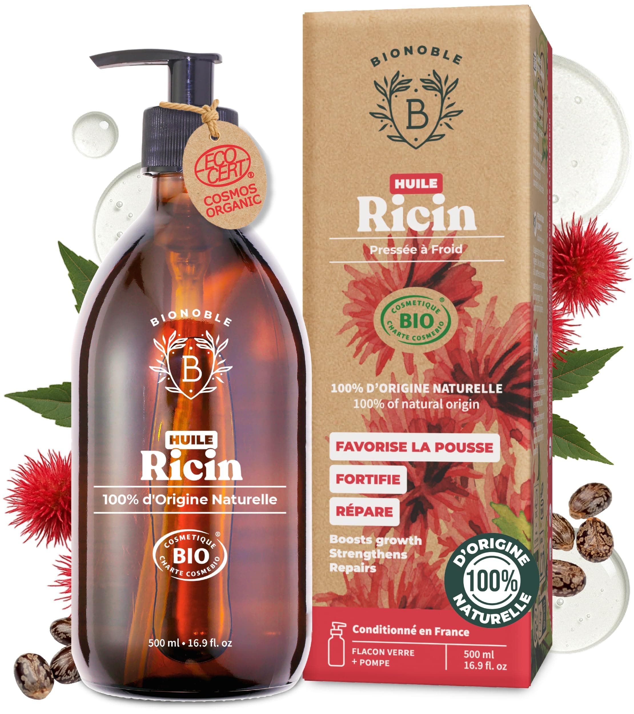 BIONOBLE Huile de Ricin Bio - Pour Cheveux, Barbe, Cils, Sourcils - 500ml | Pressée à Froid, 100% d'Origine Naturelle - Favorise la Pousse, Répare - Castor Oil Organic - Flacon Verre, Pompe