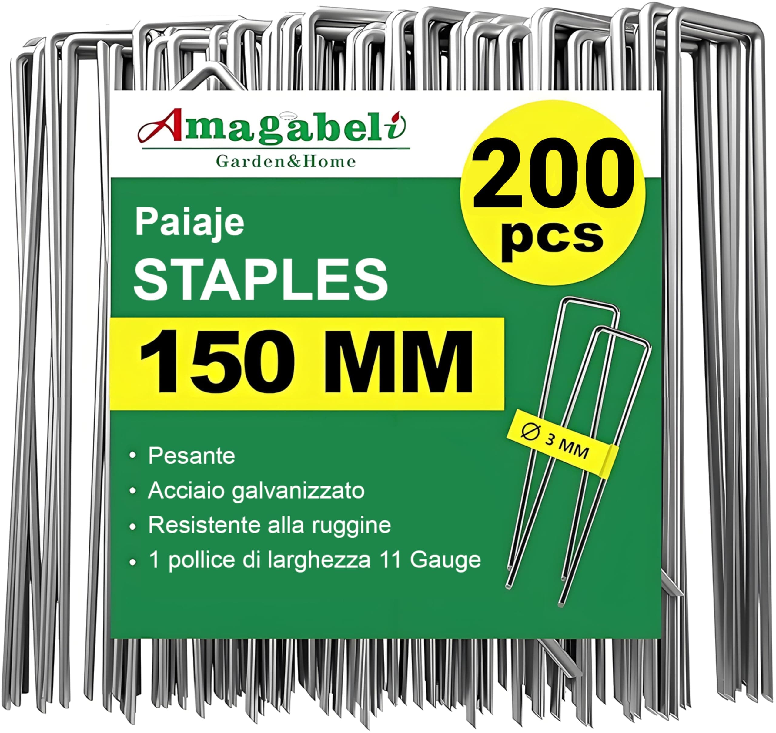 Amagabeli - Juego de 200 estacas galvanizadas para jardín, hogar, jardín, hogar, jardín, Paquete de 200 Grapas para asegurar el Control de malezas, Tela de 6 Pulgadas, Calibre 11, Pernos de césped