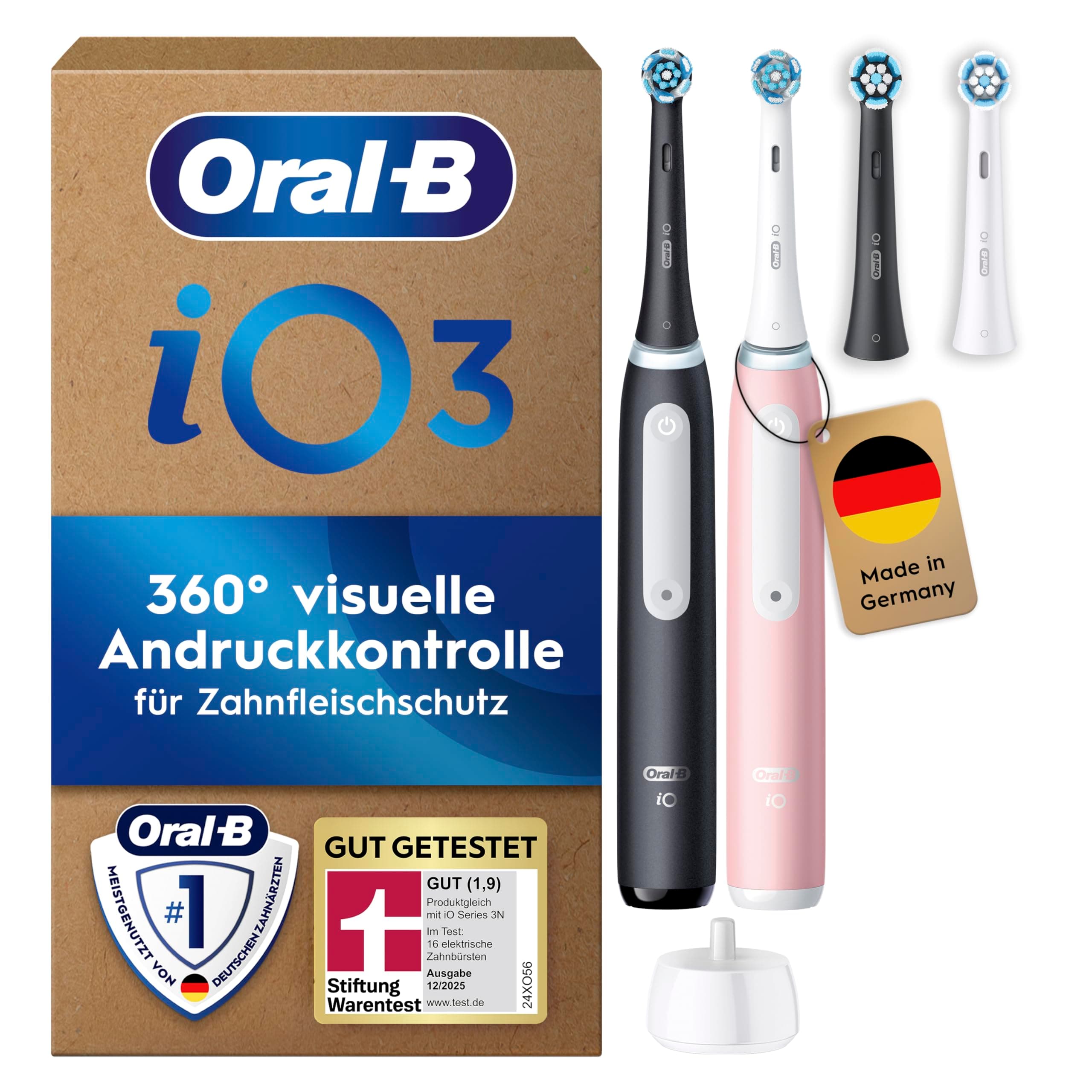Oral-B iO Series 3 Plus Edition Doppelpack Elektrische Zahnbürste, Electric Toothbrush, PLUS 4 Aufsteckbürsten, 3 Putzmodi für Zahnpflege,TESTSIEGER Stiftung Warentest (12,2024), Matt Black,Blush Pink