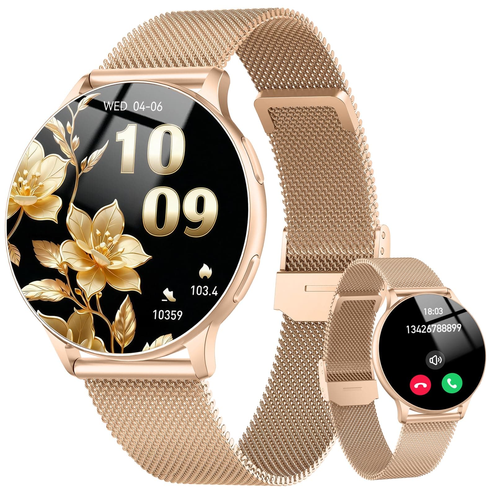 Montre Connectée Femme avec Appel Bluetooth, 1.32" Smartwatch avec Fréquence Cardiaque/SpO2/Sommeil Montre, 120+ Mode Sportifs Montre, IP68 étanche Fitness Podomètre Compatible pour Android iOS