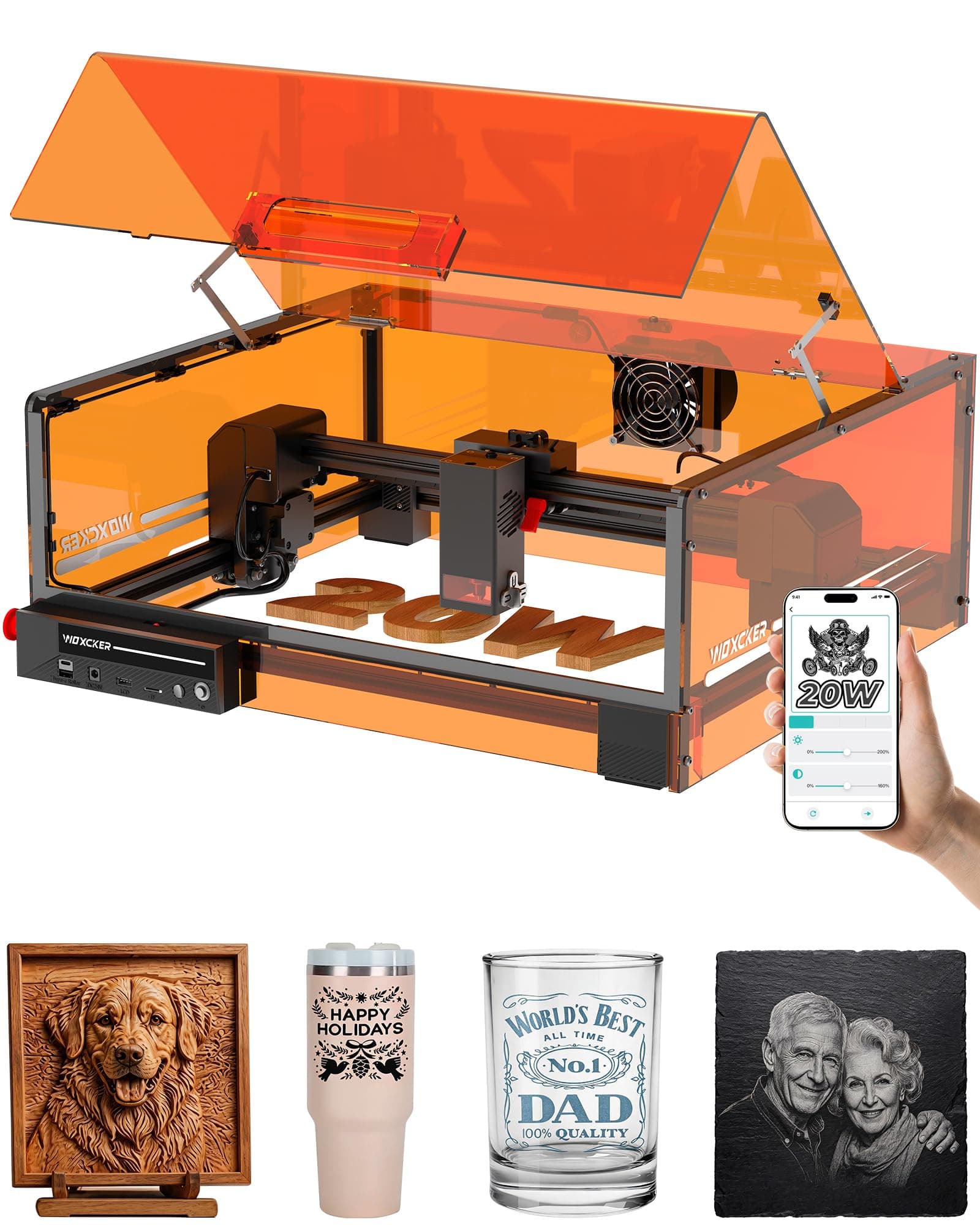 Gravure Laser 20W pour Entreprises, Cadeaux Personnalisés, 20 000 mm/min haute vitesse, 300 × 300 mm grande zone, 0,01 mm haute précision, L2 MAX Graveur et Découpe Laser, bois, métal, verre, Classe 1