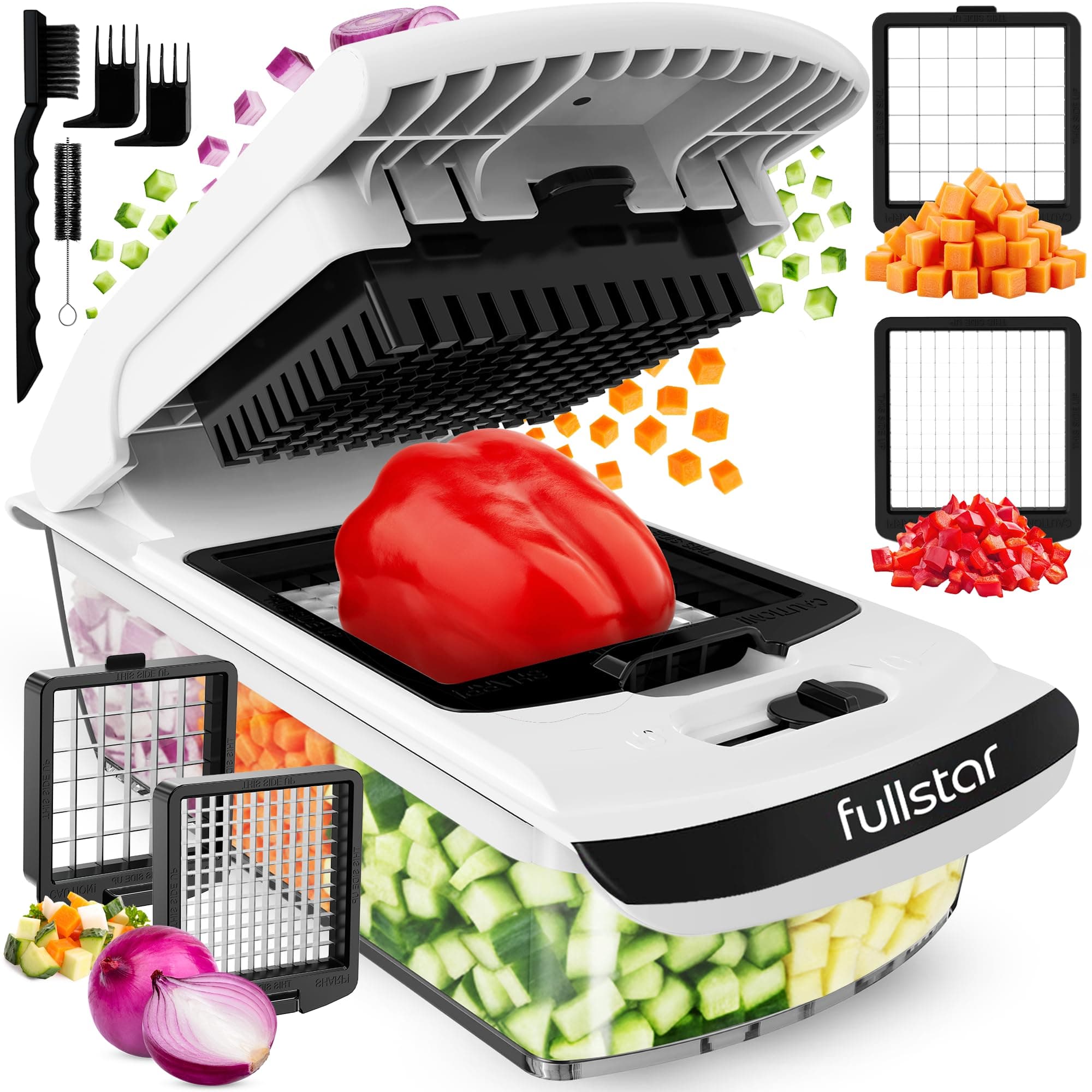 Fullstar Pro Original - Cortador de Verdura Manual - 2 Cuchillas | Picador de Verduras, Patatas y Cebolla con Cuchillas Acero Inoxidable (2-en-1, Blanco)