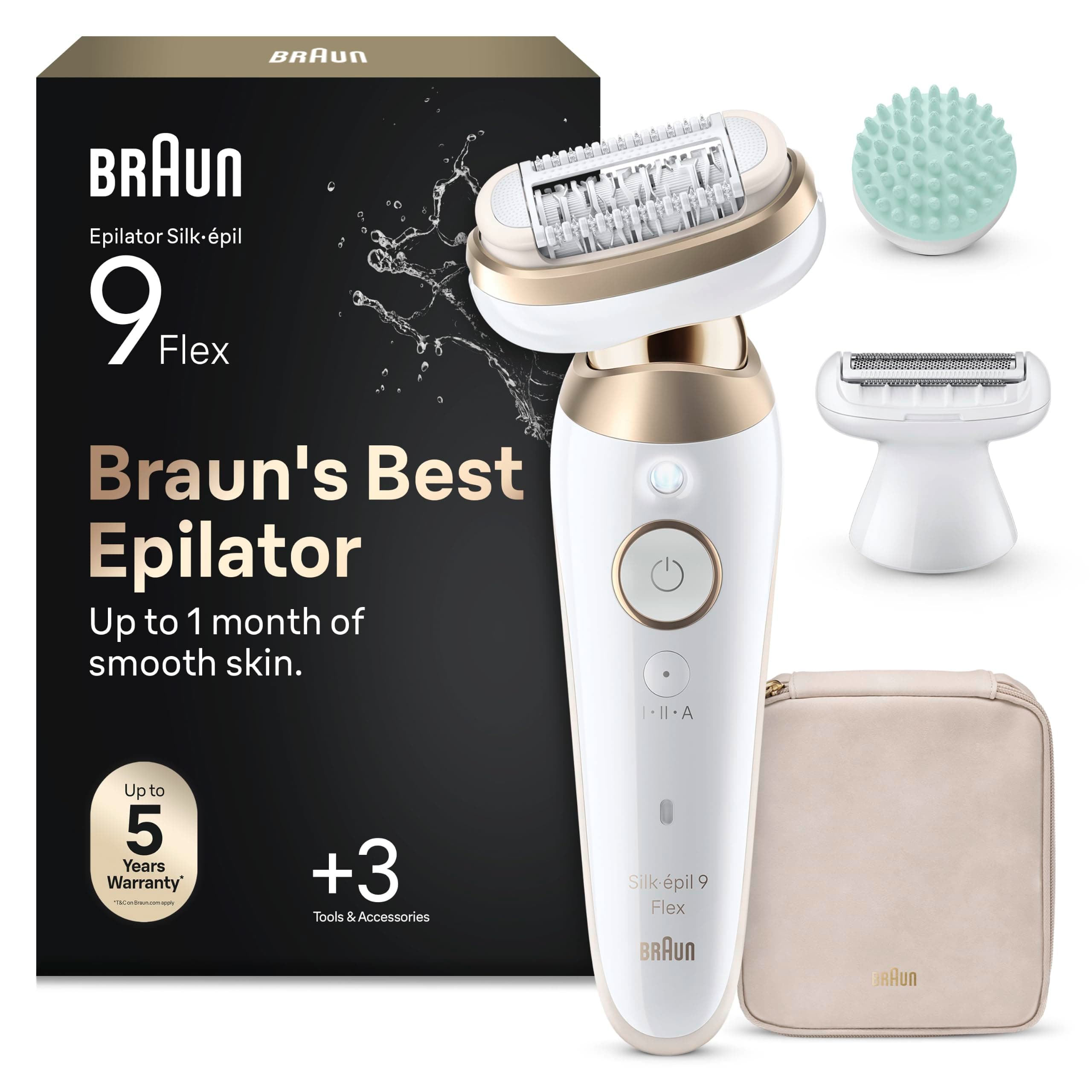 Braun Silk-épil 9 Flex Depilatore Donna, Epilatore Elettrico Donna Con Testina Flessibile 360°, Wet & Dry, Con Rasoio Donna, Cappuccio Rifinitore e Accessorio Massaggiante, 9-071 3D, Bianco/Oro