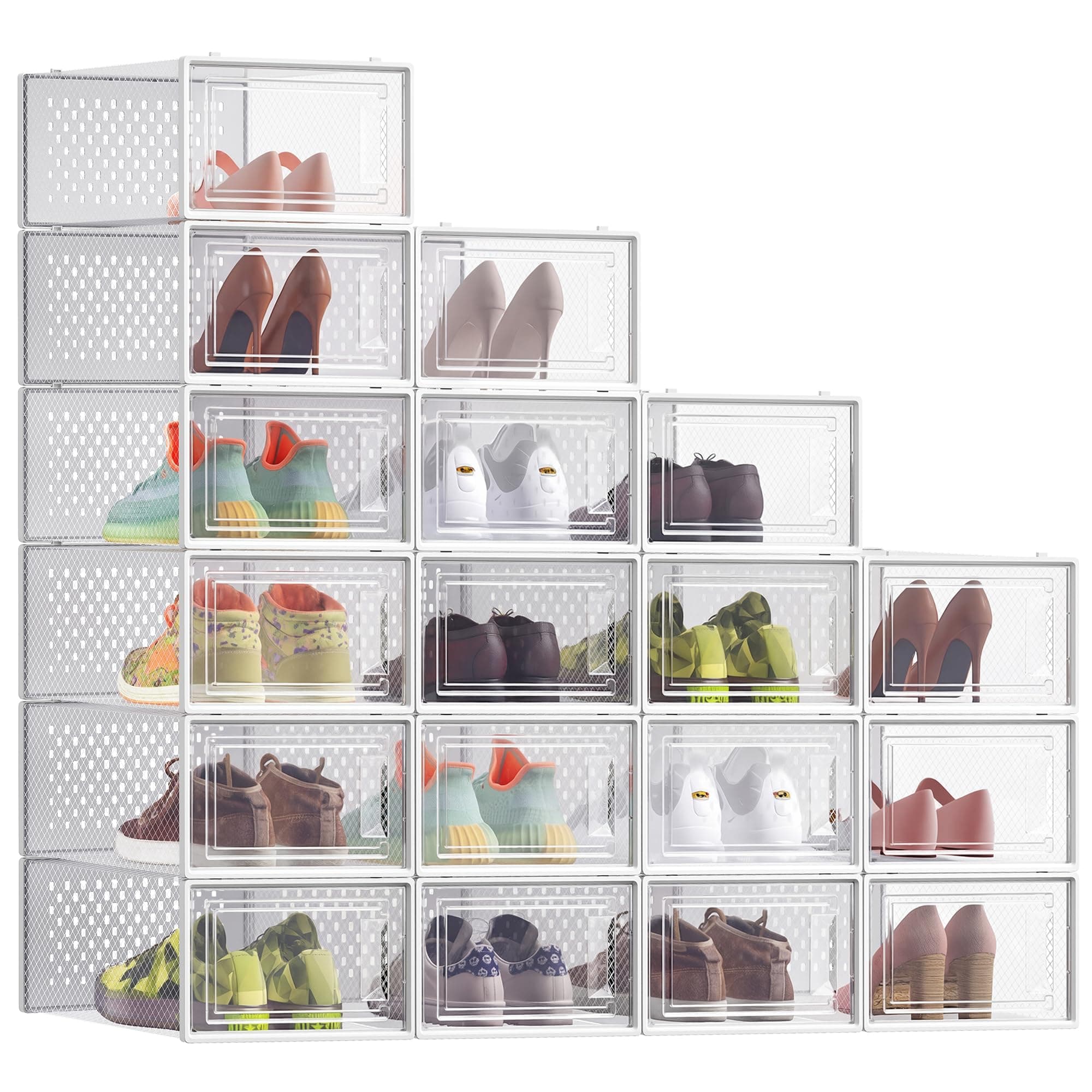 SONGMICS Scatole per Scarpe, Contenitori per Scarpe, Organizzatori Portascarpe Pieghevoli e Impilabili, Fino alla Taglia 43, Set di 18, Trasparente e Bianco Nuvola LSP066W18