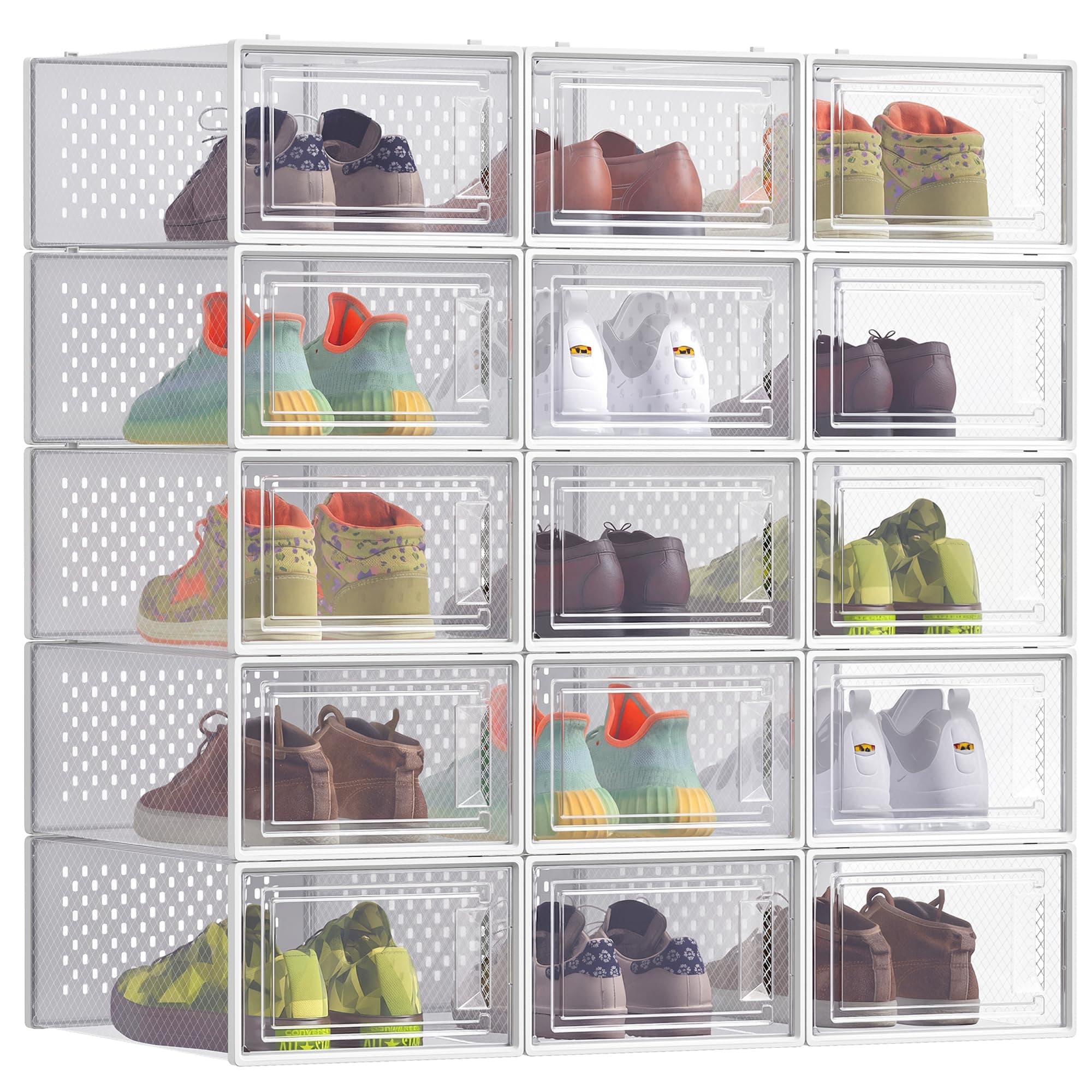 SONGMICS Cajas de Zapatos, Organizador de Zapatos de Plástico, Plegable y Apilable, para Zapatos de hasta Talla 43, Juego de 15, Transparente y Blanco Nube LSP015W02