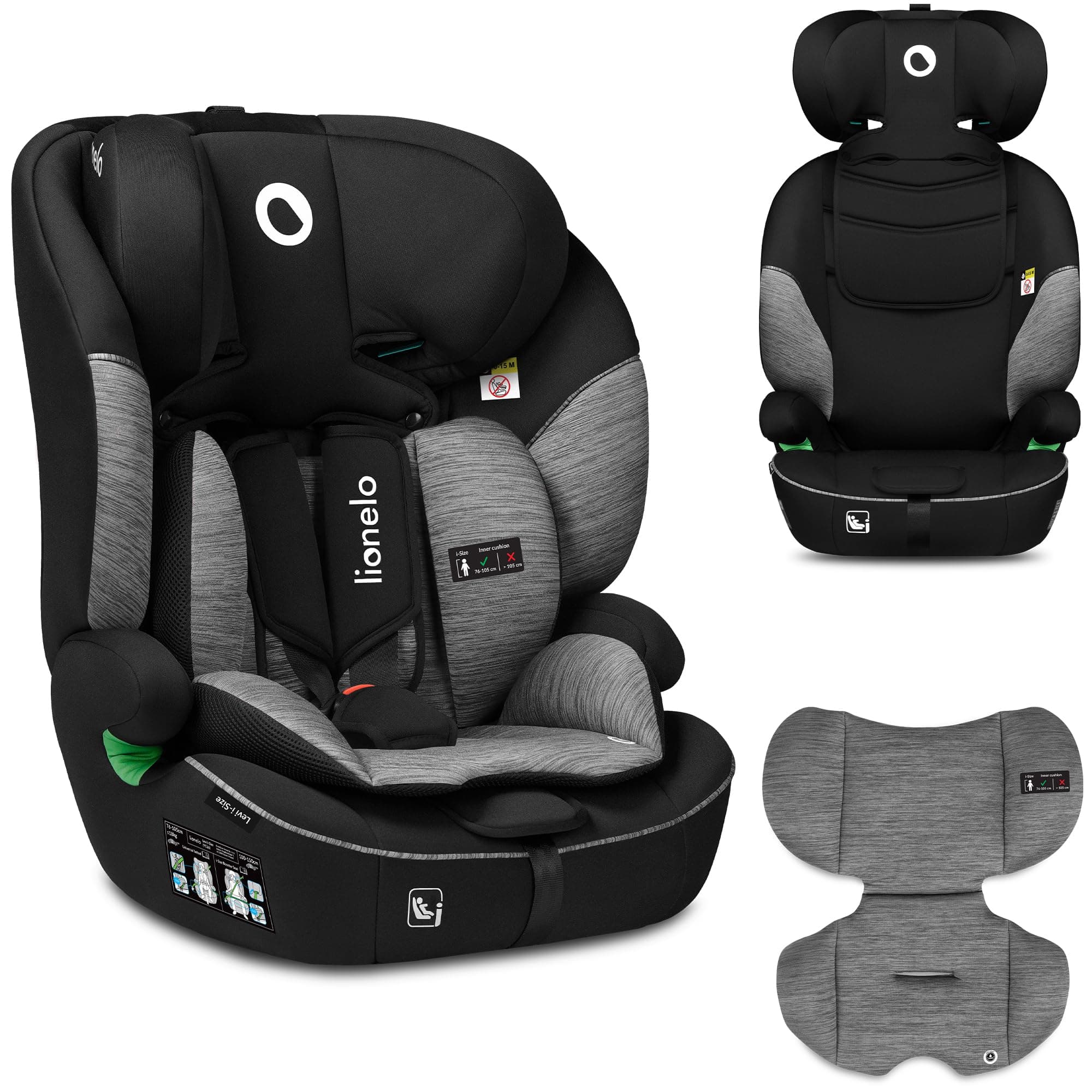LIONELO Seggiolino Auto LEVI I-SIZE bambini 76-150 cm (ca.15 mesi - 12 anni') Protezione laterale, Poggiatesta 10 Livelli, Braccioli, Ampio e Comodo, Cinture a 5 punti, Universale, Lavabile, Gruppo123