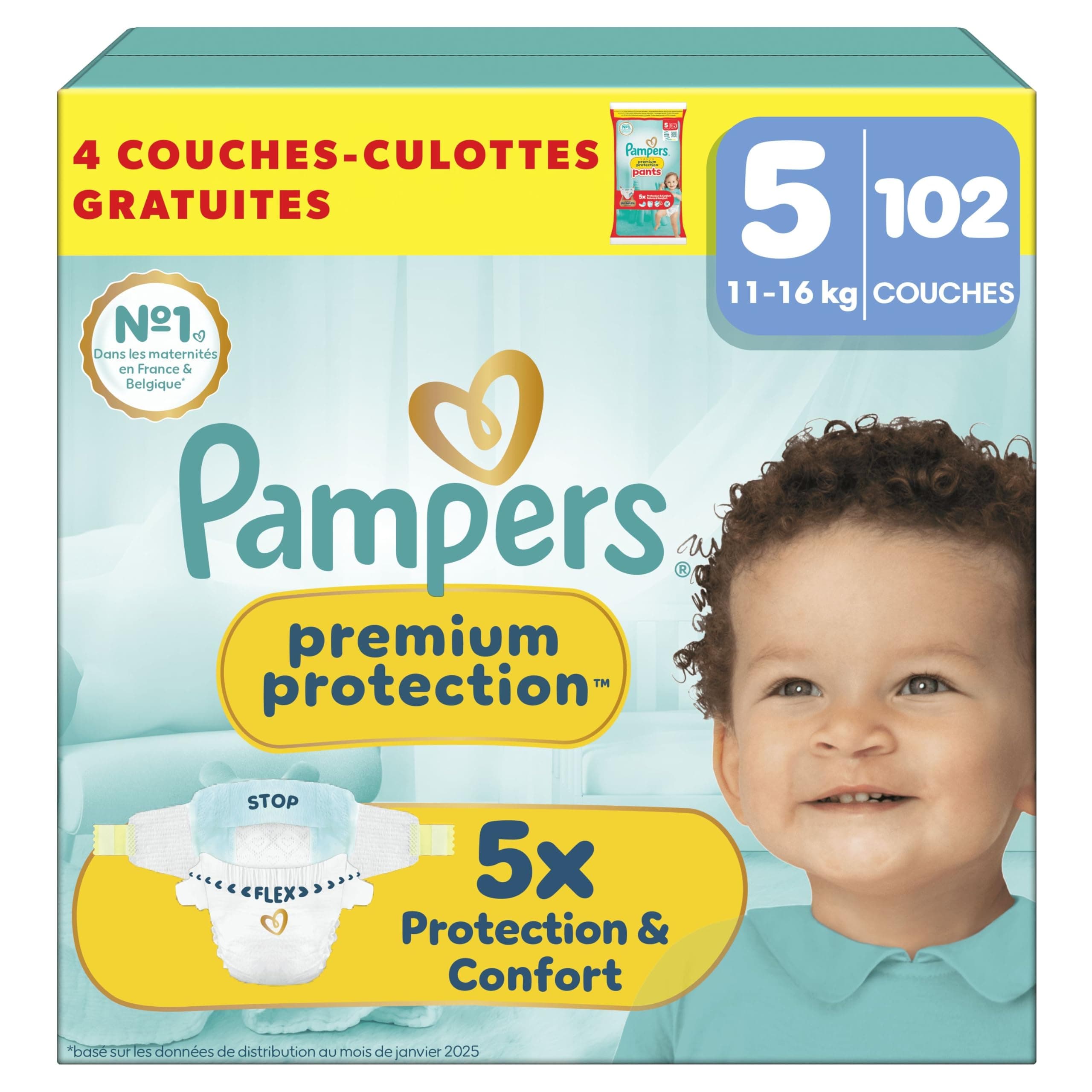 Pampers Premium Protection Taille 5, 102 Couches, 11kg-16kg, Notre N°1 Pour La Protection De La Peau Et Contre Les Fuites, Pack 1 Mois Et 4 Couches-Culottes Offertes
