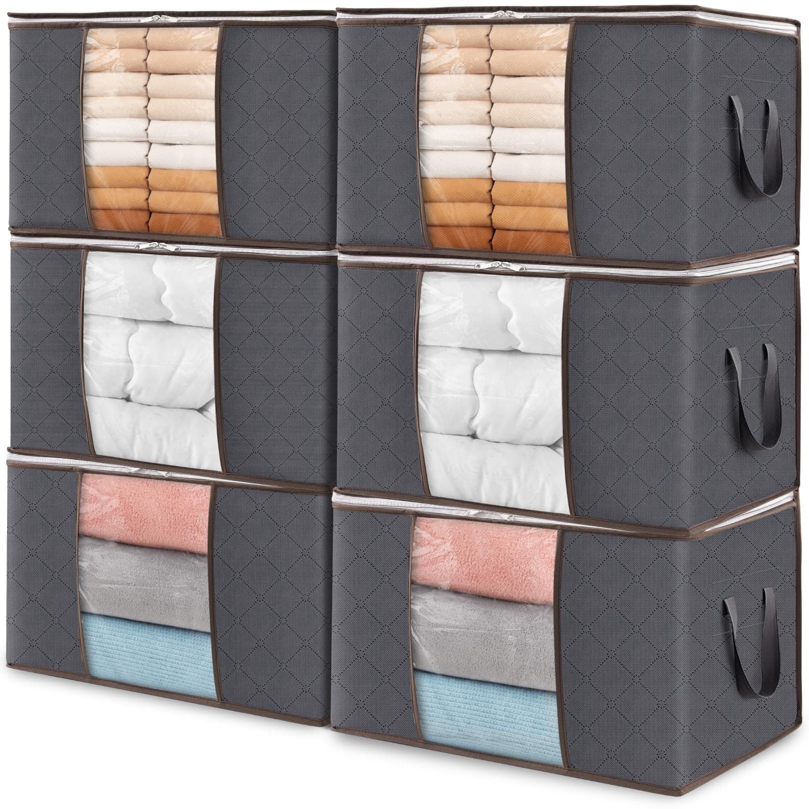 Lifewit 6 Stück Aufbewahrungstasche, Aufbewahrungsbox mit Deckel, Kleiderschrank Organizer Faltbare Kleideraufbewahrung Umzugskartons mit Verstärkt Griff für Bettdecken Kleidung Decke, Grau