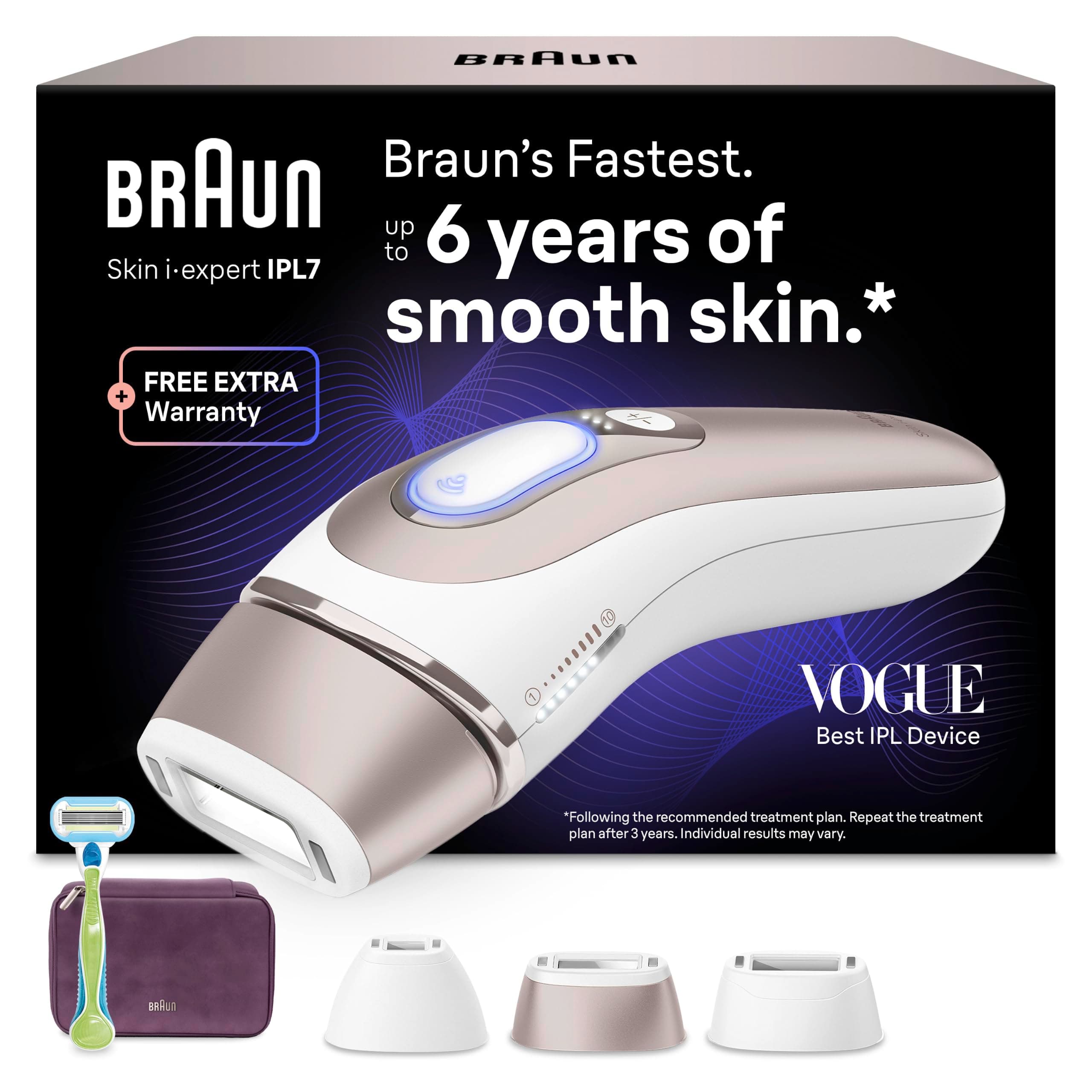 Braun Epilateur Lumiere Pulsee Intelligent Skin i·Expert PL7263, Blanc | Alternative au Laser à Domicile, Filaire, avec Pochette, Rasoir Gillette Venus, 3 Têtes, Connecté à L’Application