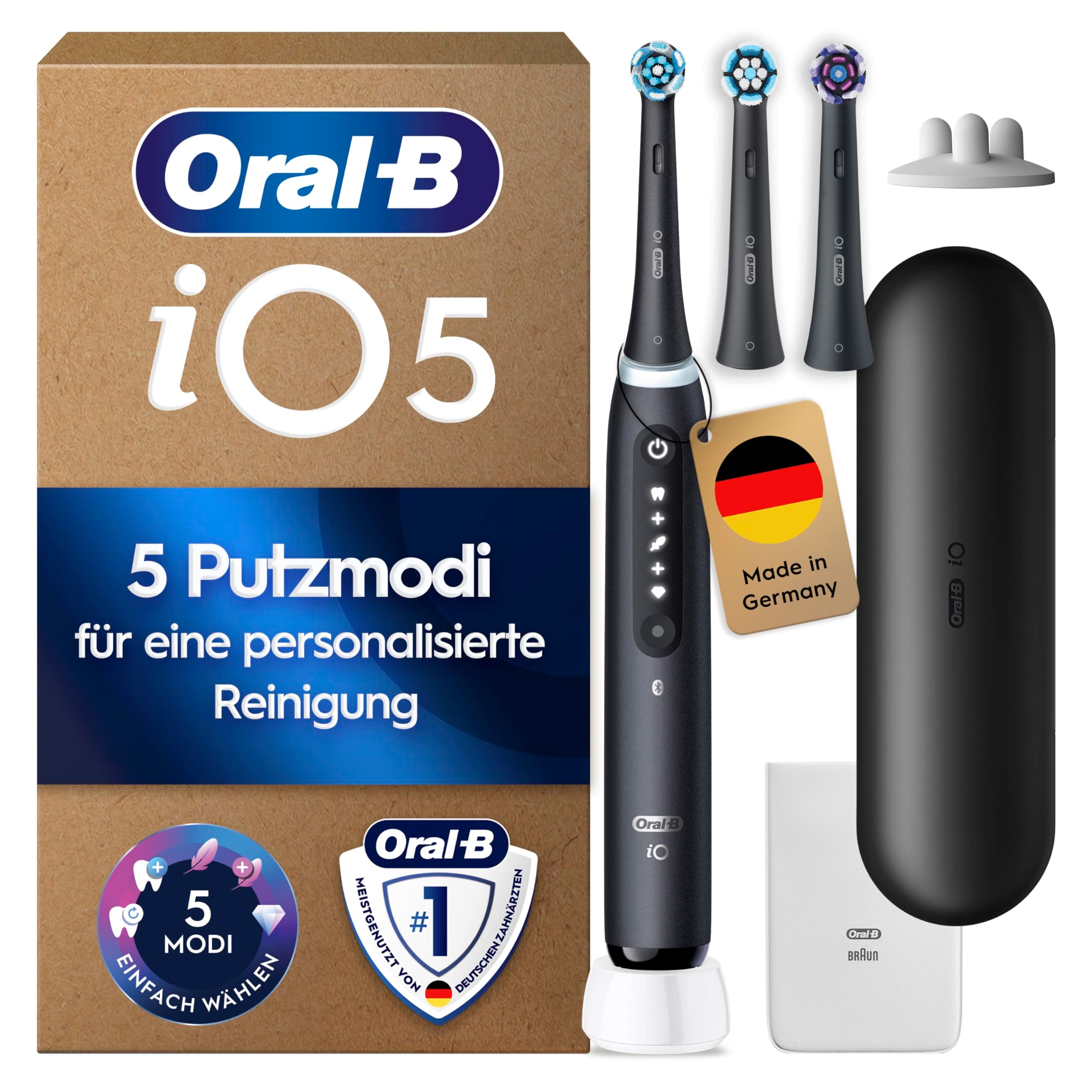 Oral-B iO Series 5 Plus Edition Elektrische Zahnbürste — Electric Toothbrush, Inkl. 3 Aufsteckbürsten und Reise-Etui — 5 Putzmodi für Zahnpflege, Zahnbürste Elektrisch, Designed by Braun, Schwarz