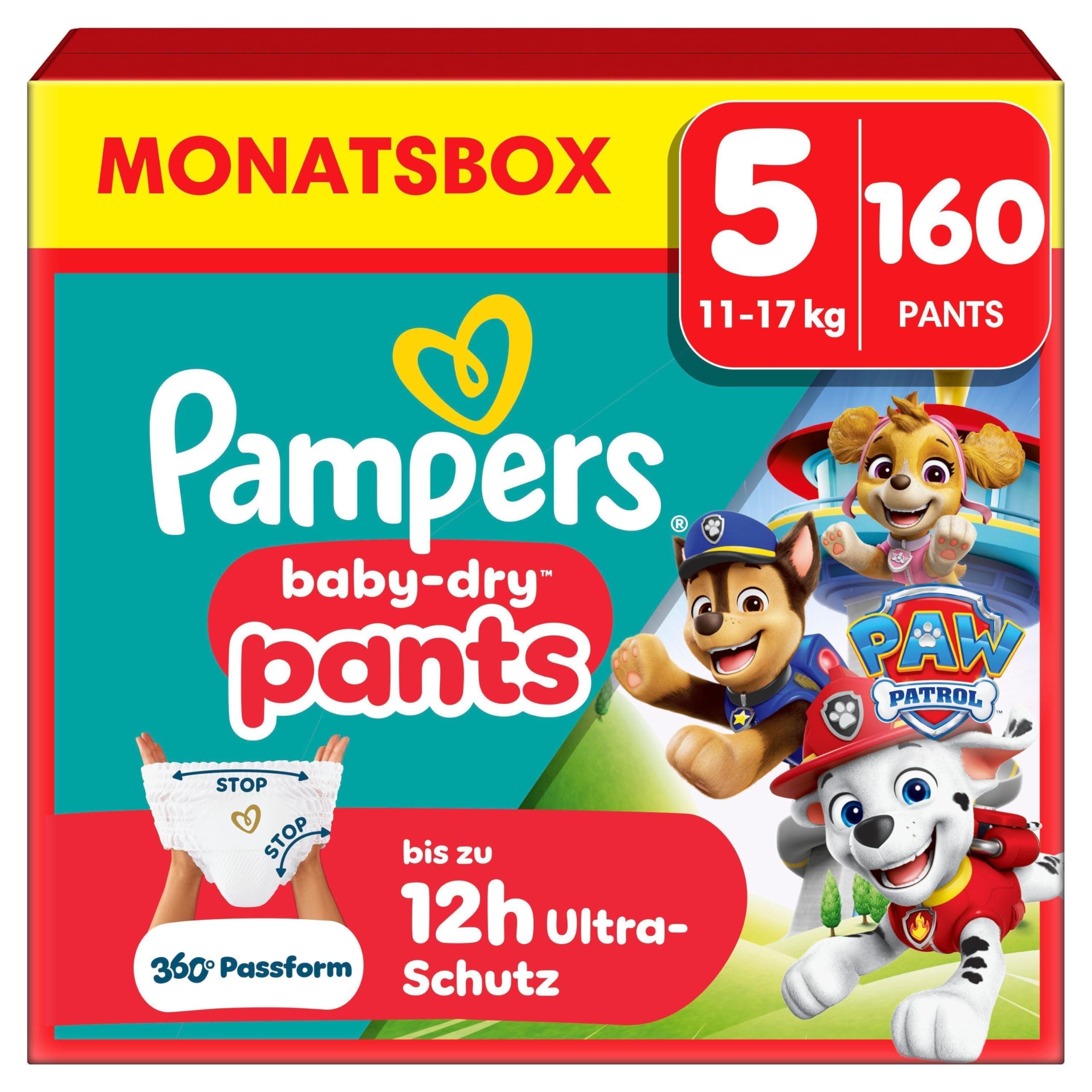 Pampers Baby-Dry Pants Paw Patrol Edition Größe 5, 160 Windeln, 11kg-17kg, 360° Passform mit Stop und Schutz System